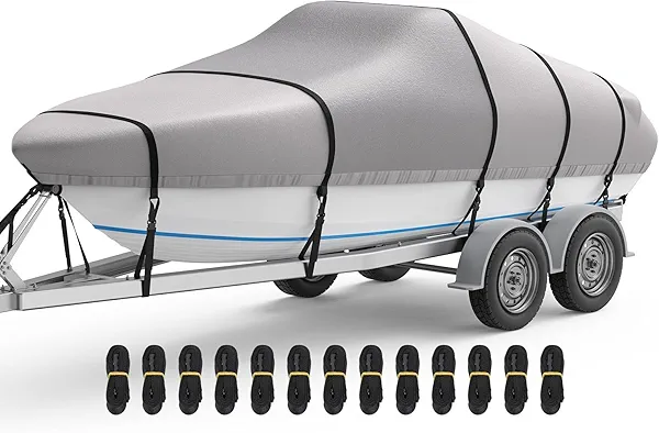 RVMasking Boat Cover, 1400D Heavy Duty Middle Reinforced, Waterproof Trailerable with Storage Bag for V-Hull, Tri-Hull, Fish & Ski, Runabout Bass Boat(23'-24'Long, Beam Width up to 102", Gray)