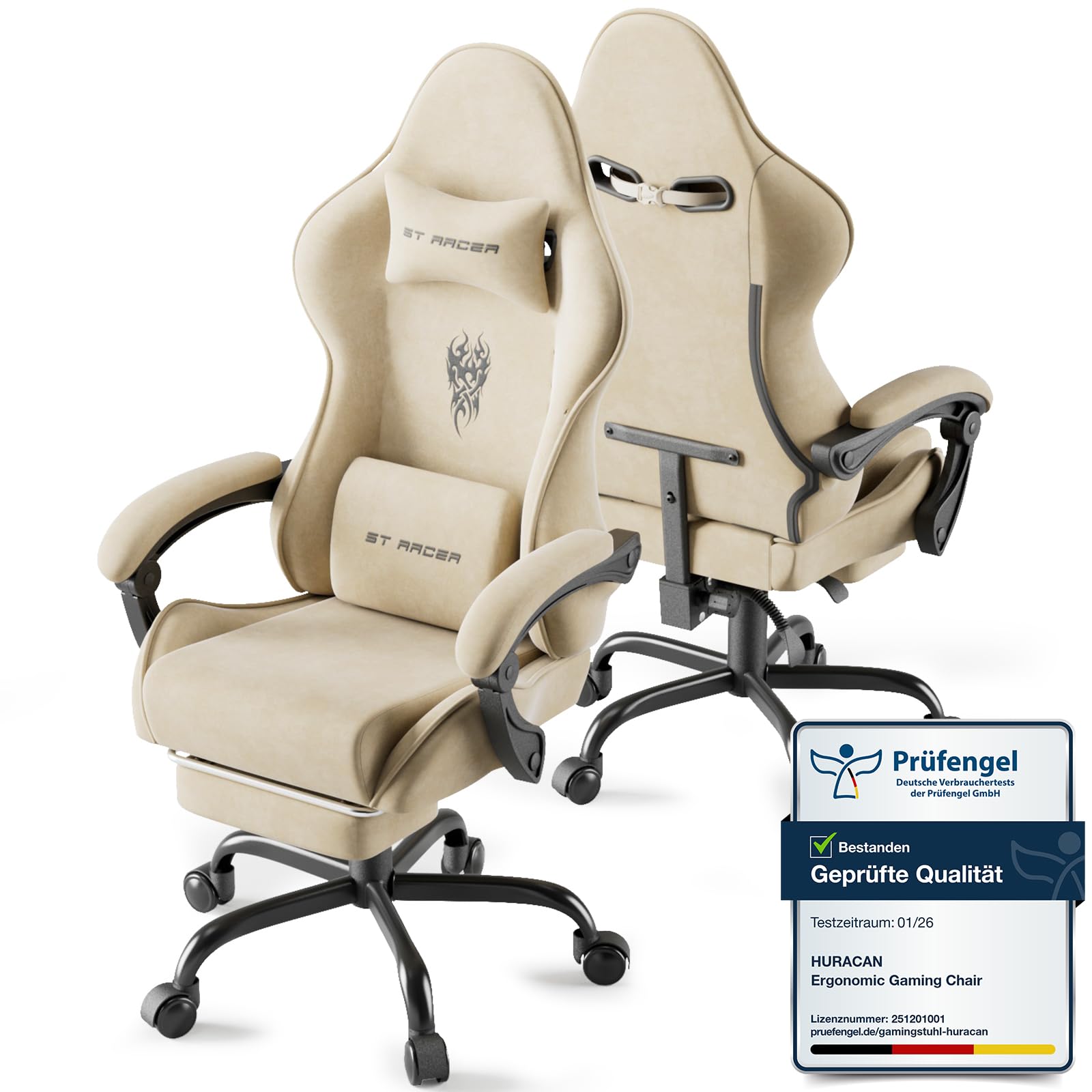 Huracan Gaming Stuhl mit Massage Lendenwirbelstütze, Verstellbare Armlehnen Gaming Chair, Gamer Stuhl Ergonomisch mit Fußstütze, Samtstoff, 90-160° Rückenlehne verstellbar Gaming Sessel, 150KG（Beige）