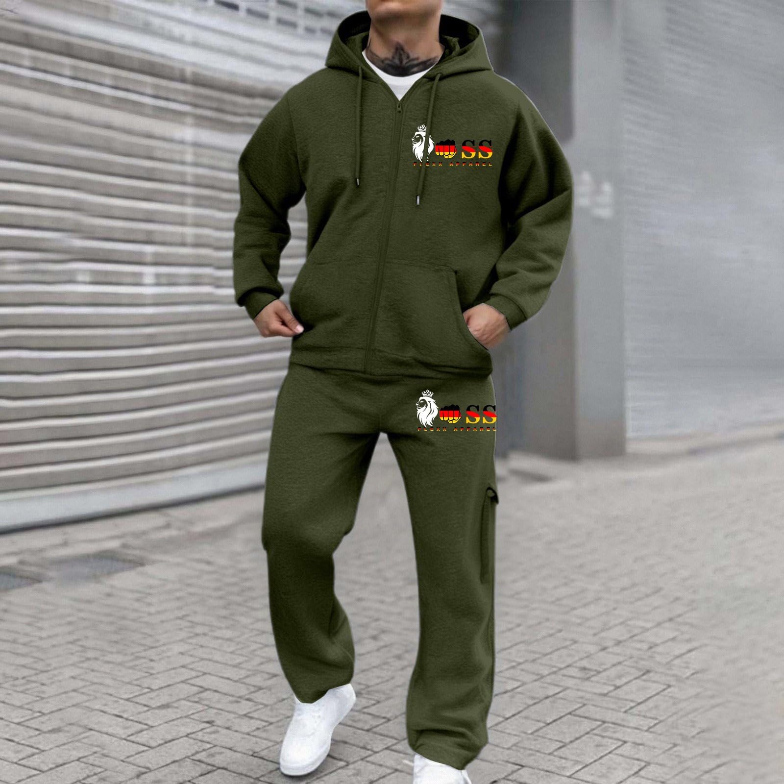 Europäischer und Buchstabendruck mit Kapuze, Reißverschluss, Strickjacke, Tasche, Hose, locker, zweiteilig, für Herren