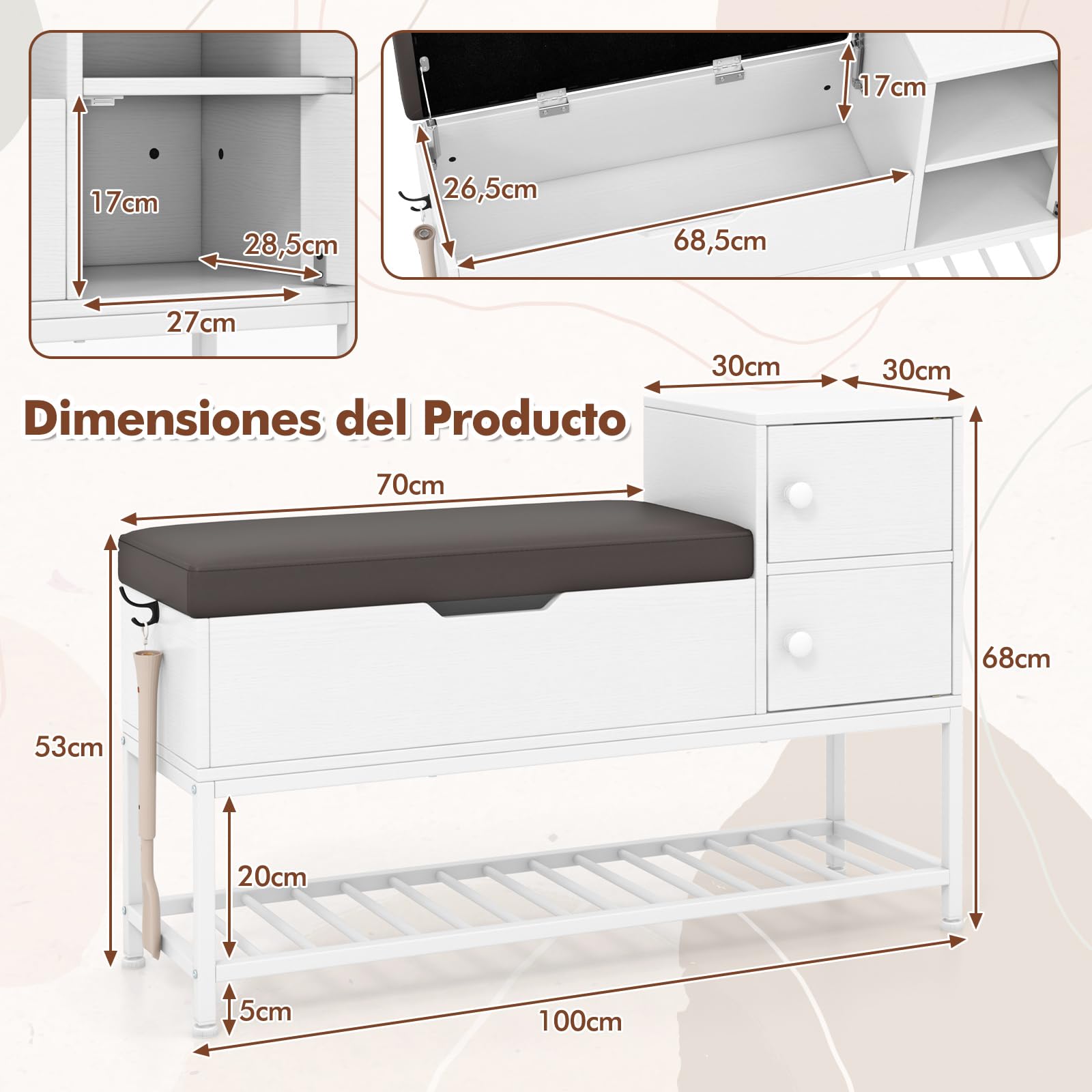 COSTWAY Banco Zapatero, Caja Abatible y 2 Puertas, Zapatero con Asiento, Calzador Retráctil, Gancho Lateral, Banco con Almacenaje Recibidor Entrada Pasillo, Blanco, 100 x 30 x 68 cm