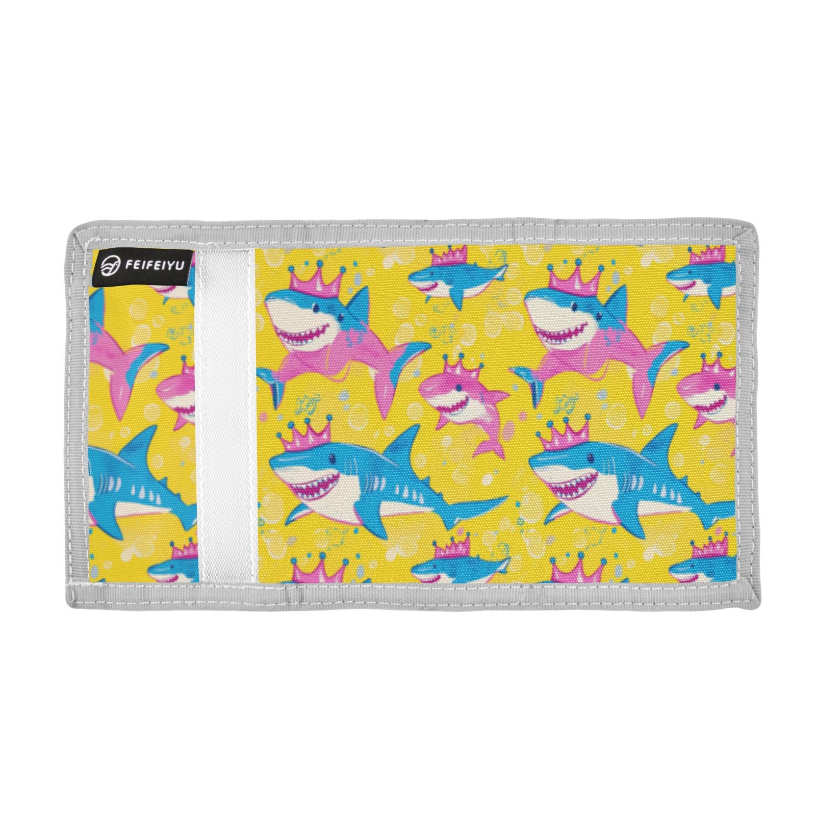 Wusikd Sharks Wearing Crowns Kids Wallet for Boys Girls Blue Colors Toddler Trifold Wallet Novelty Wallet for Teens Women Men