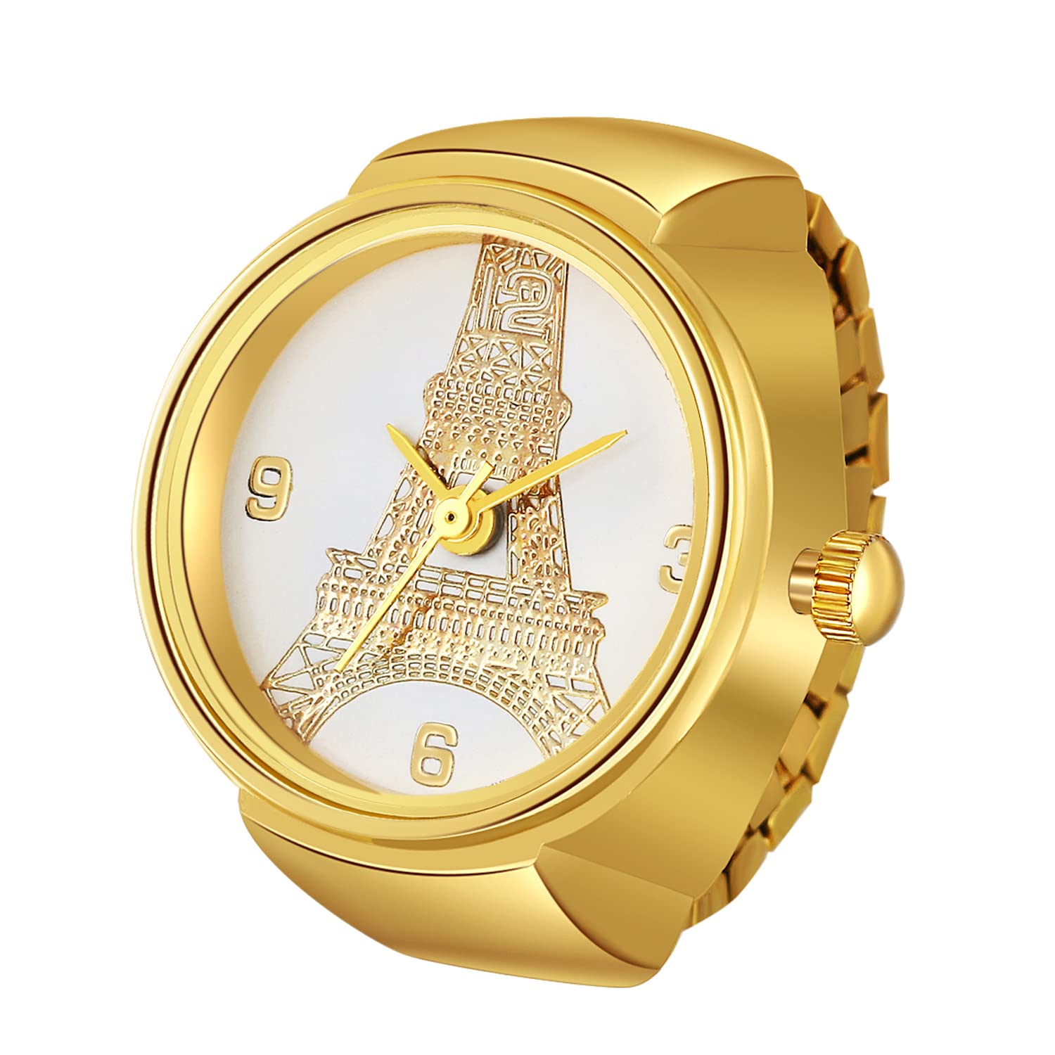 jewelrywe Men Women Round Elastic Finger Watch Ring Quartz Pocket Eiffel Tower Butterfly Crown Gift-picture-29