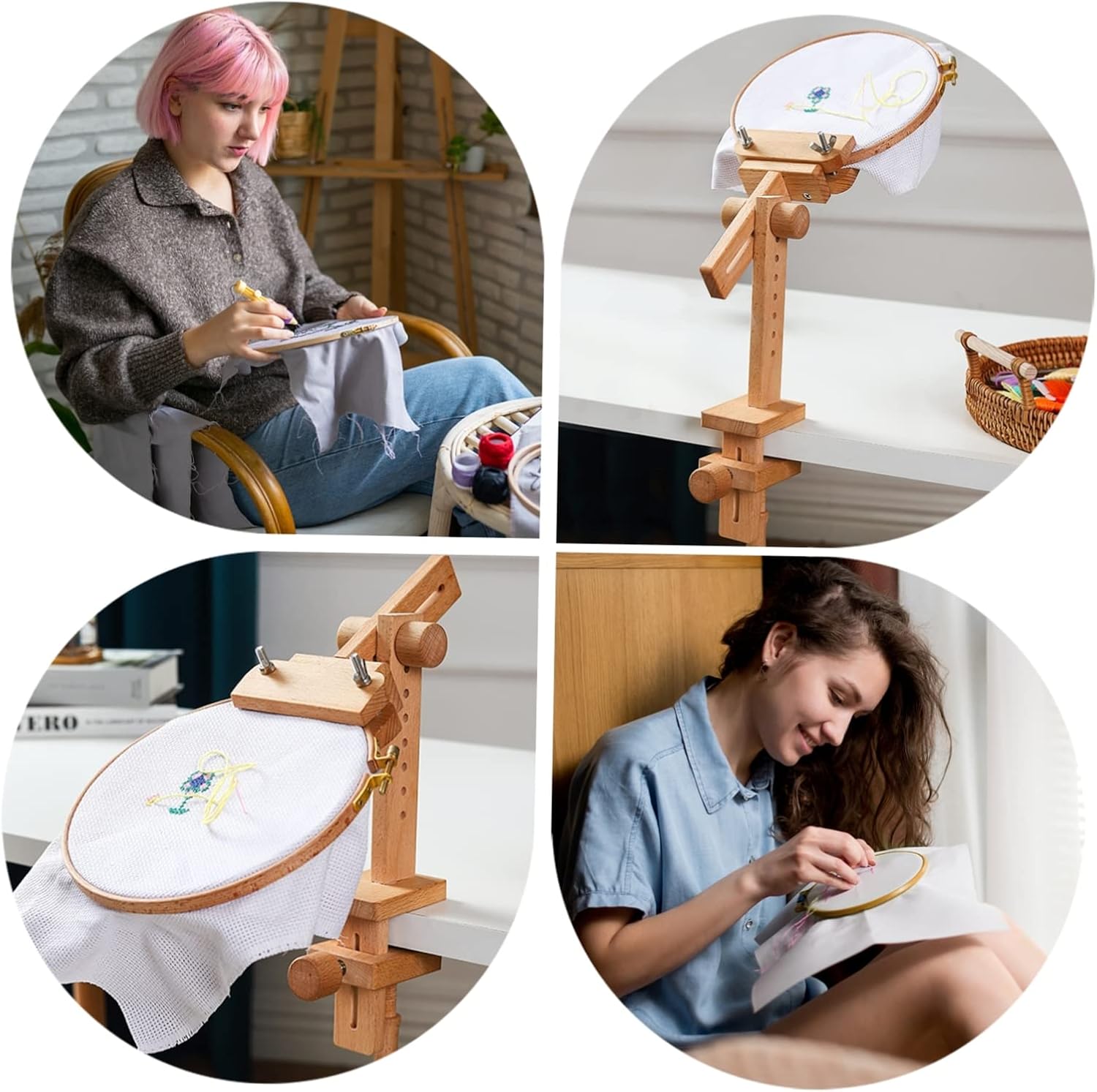 KONTONTY Stitch Hoop Stand 360 Degree Adjustment Embroidery Frame Wooden Embroidery Rack Handmade Tool