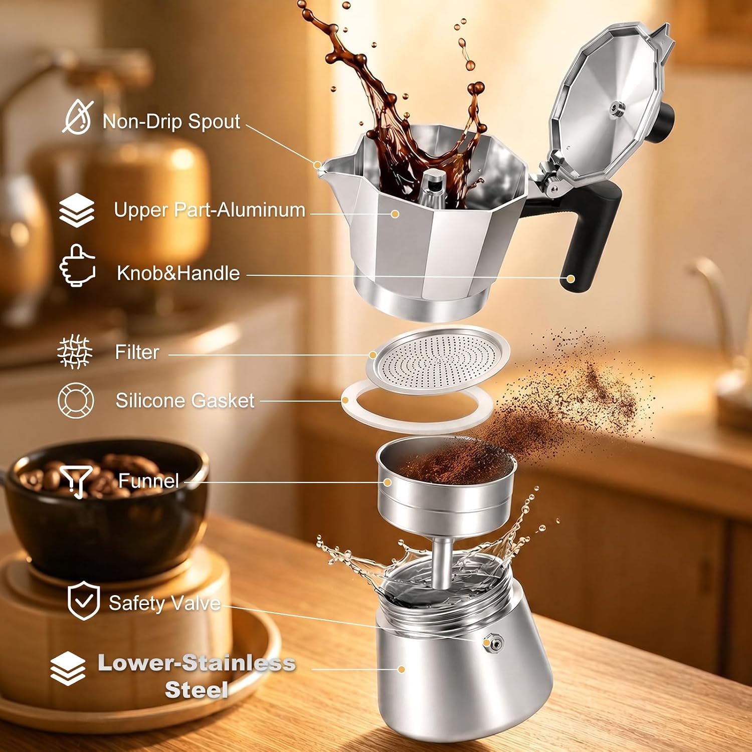 3 Cup Aluminum and Stainless Steel Moka Pots Polishing 150ml | Express Coffee Maker Stovetop Espresso Percolator Coffeemaker Italian Classic Style Brewing Greca Cafe cuban coffee Machine