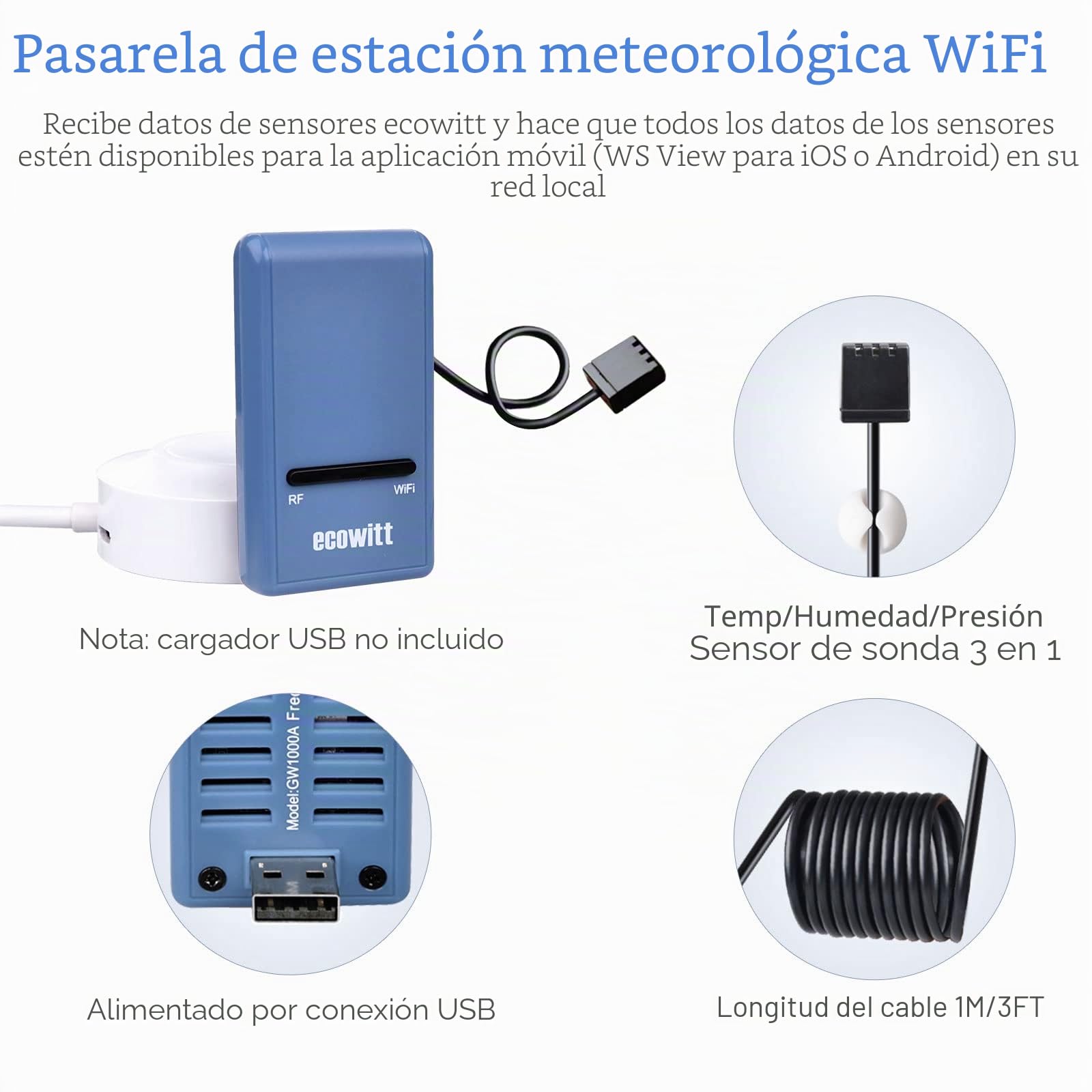 ECOWITT Puerta de enlace con estación meteorológica Wi-Fi con medidor de sensor de humedad del suelo inalámbrico, monitor de agua de planta, agricultura, plantas de interior y exterior