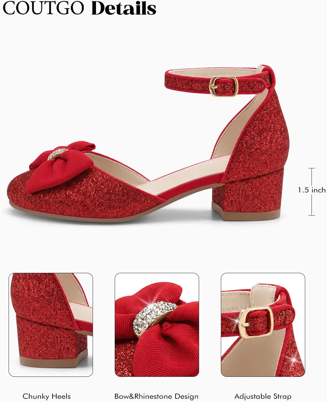 Coutgo Girls Dress Shoes Bow Glitter Chunky Heels Flower Princess Shoes | Flower Girl Shoes,Ankle Strap,Block Low Heels,Closed Toe,Sparkly,Rhinestone,Party,Cute,Comfortable,Little Big Kids
