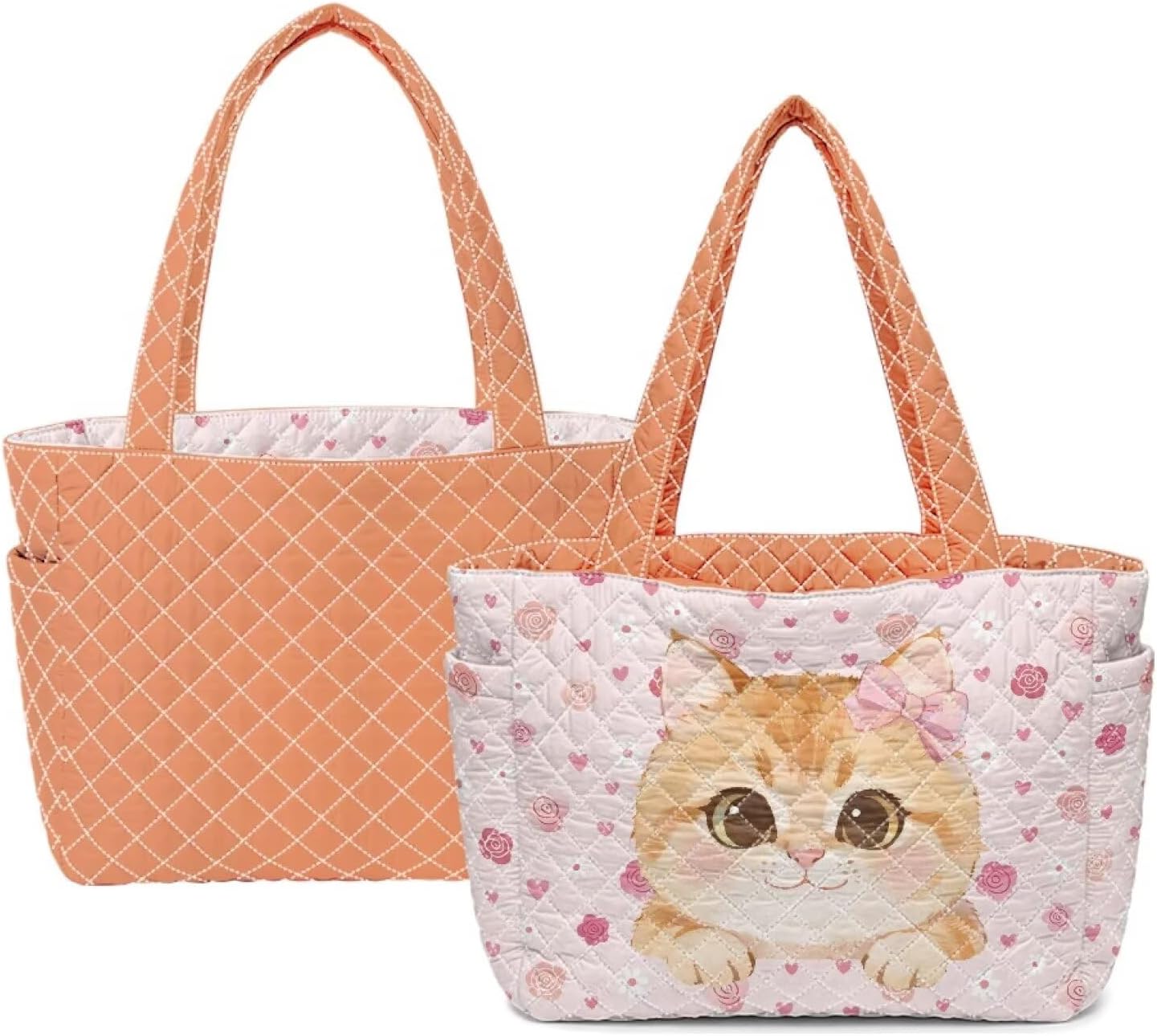 Women 2-in-1 Reversible Quilted Tote Bag, College School Shoulder Bag with Side Pocket, Orange
