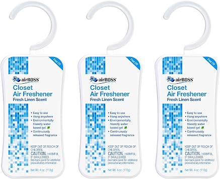 airBOSS Closet Air Freshener, Continuously Releases Fragrance, Fresh Linen, 4 Oz Hanger Pack of 3