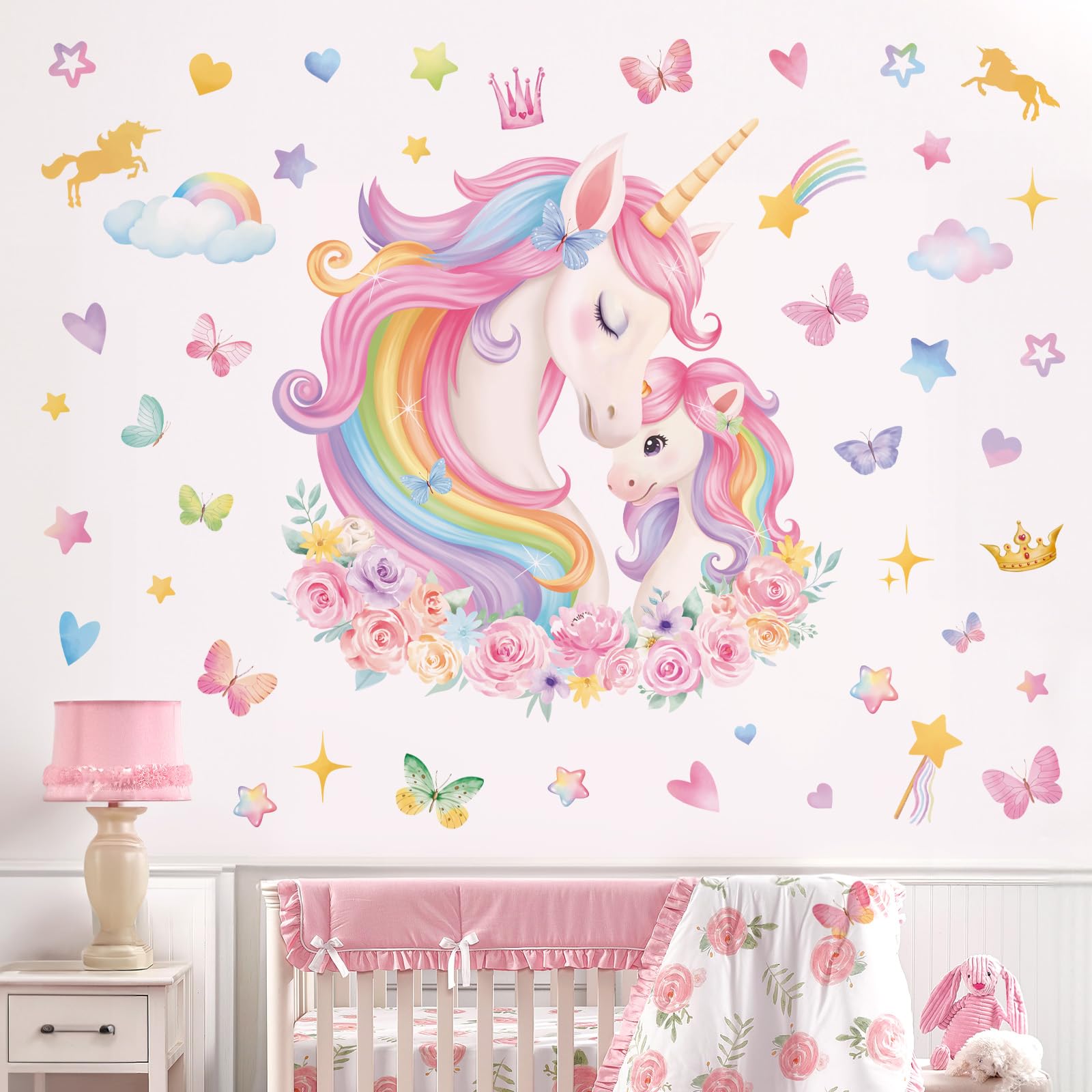 wondever Pegatinas de Pared Infantiles Unicornio Arcoiris Adhesivos Pared Decorativos Unicornio Flore Nubes Vinilos Pared para Habitación Niñas Bebés Guardería