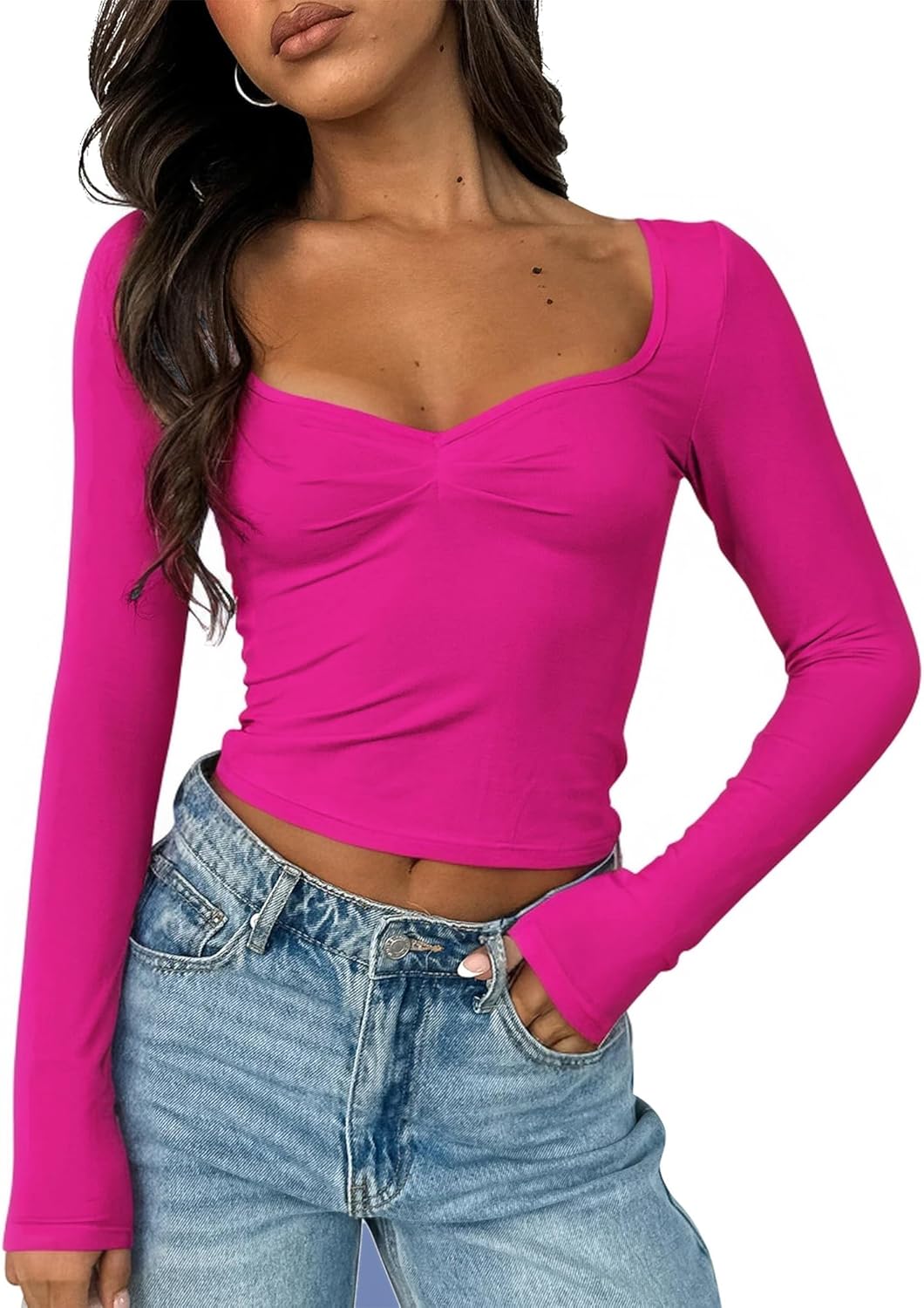 ForeFair Women's Sexy Long Sleeve Going Out Tops Pleated Bustier Shirt Cute Sweetheart Neck Y2K Cropped Top