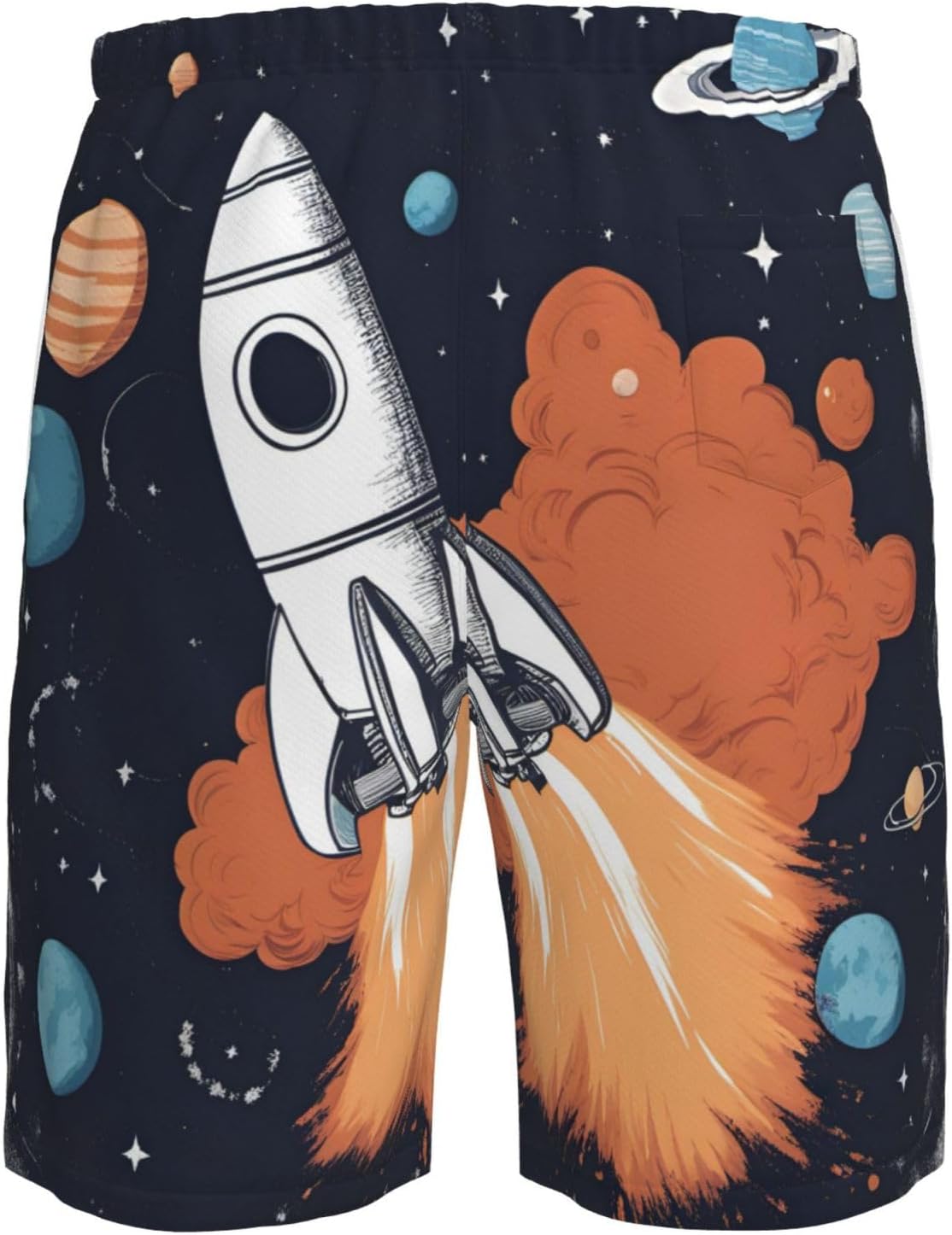 Mens Rocket in Space Print Beach Shorts,Casual Summer Shorts for Men,Quick Dry Polyester