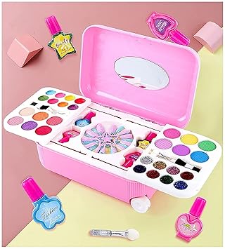 KRUSHNAVI 2 in 1 Cosmetic Makeup Palette and Nail Art Kit for Kids with Portable Trolly Bag Pretend Play Toy for Girls -Plastic , Multicolor (Makeup Set and Nail Art)
