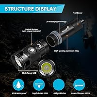 Vista 2 de Linterna de buceo WindFire, linterna impermeable para buceo 262 pies bajo el agua, linterna recargable para snorkel con 4 modos y indicador
