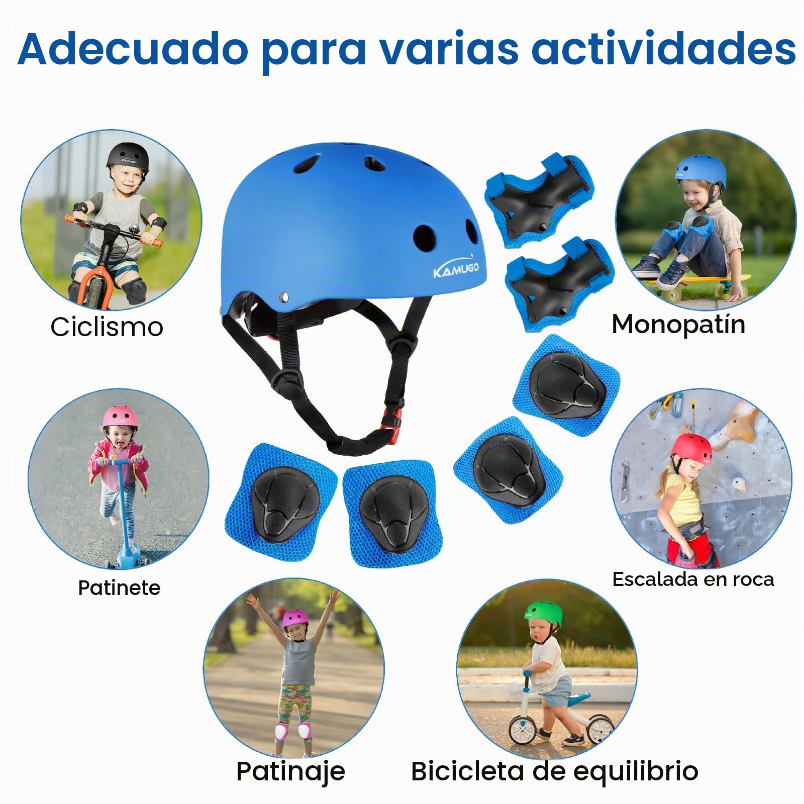 KAMUGO Casco de Bicicleta para niños, Casco para niños de 2 a 8 años, con Equipo de protección Deportivo, Rodilleras, Coderas y muñequeras para monopatín, Ciclismo, Patinete