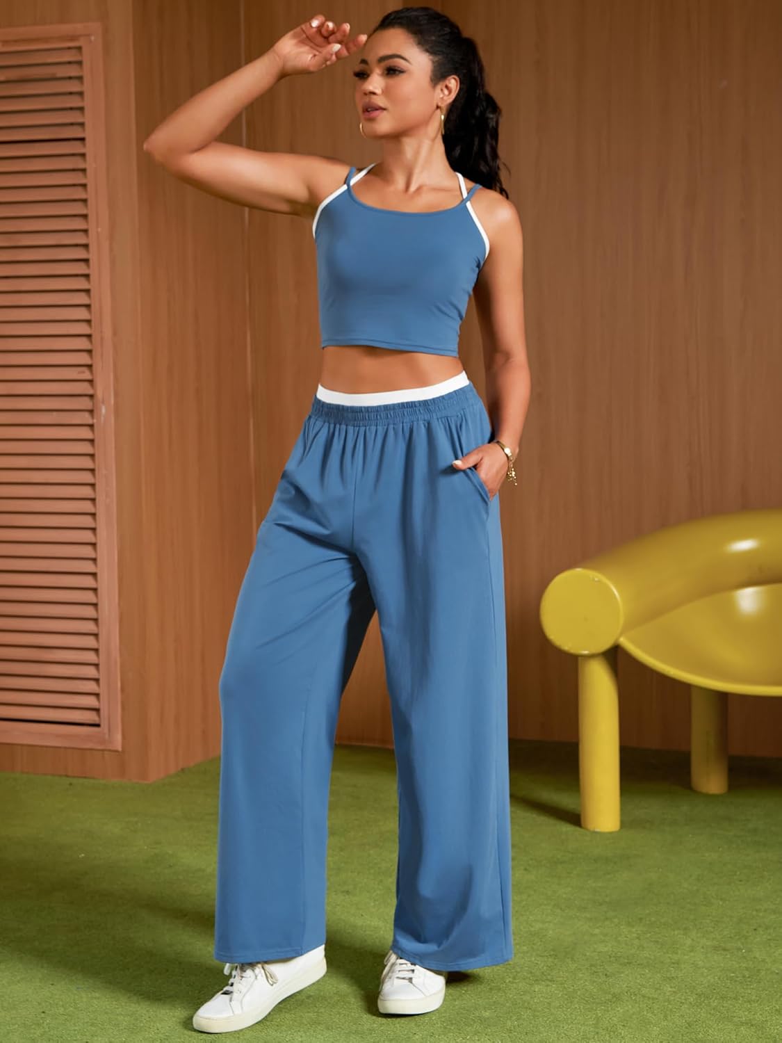 2 Piece Sets for Women Summer Yoga Set Camisole Crop Tank Top Wide Leg Pants Casual Matching Tracksuit - Image 3