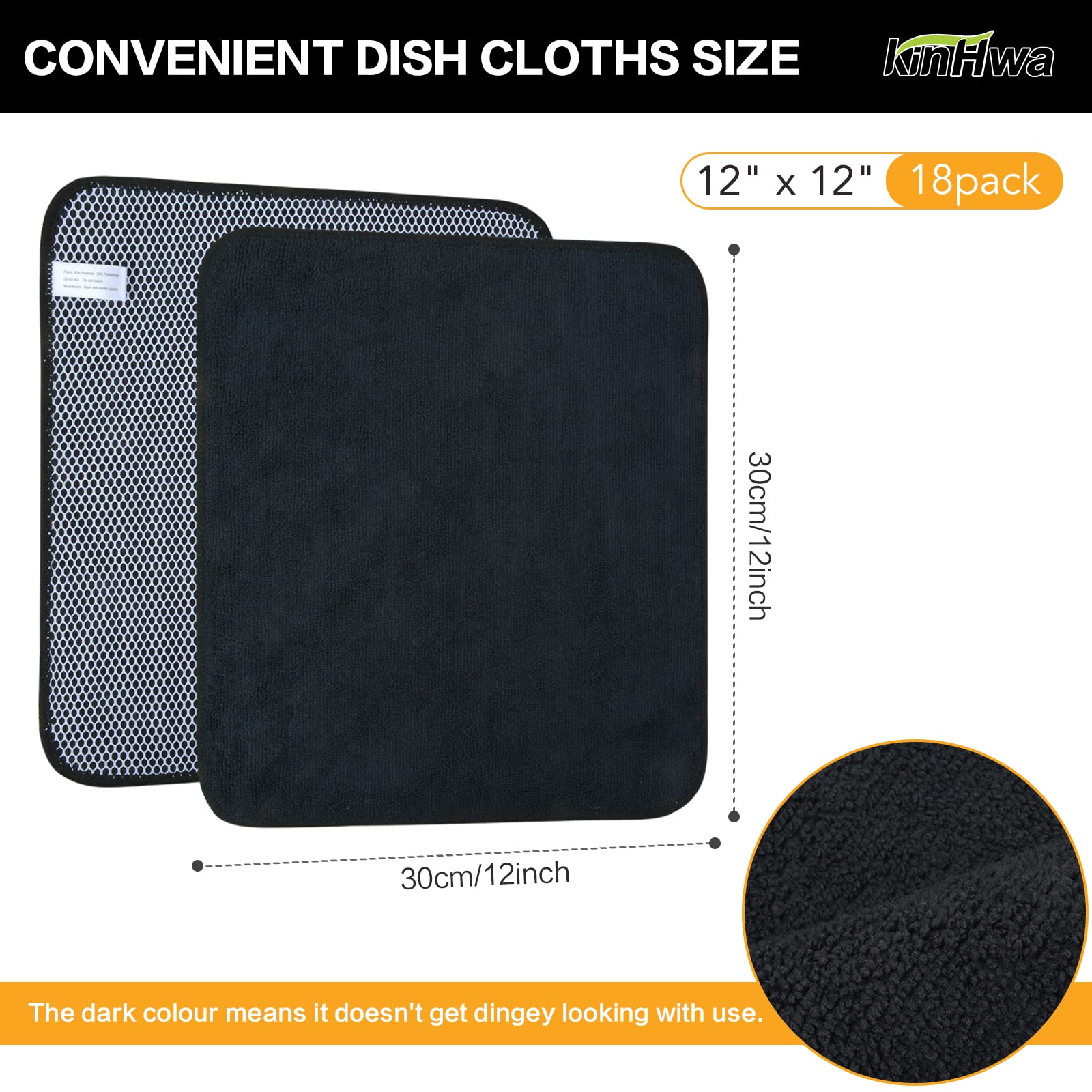 KinHwa - Panni in microfibra super assorbente, per lavare i piatti, asciugatura rapida, con lato scrub 12inchx12inch Nero x 18