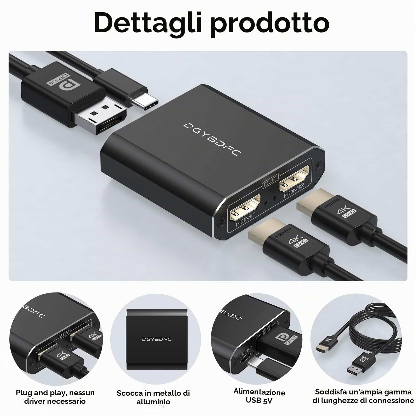 Adattatore da Displayport a doppio HDMI 1 In 2 Out Dual 4K60Hz Extend/Copy DP 1.2 a 2 HDMI Splitter per Due Monitor Supporta Modalità SST/MST (MacOS Supporta Solo la Modalità SST)