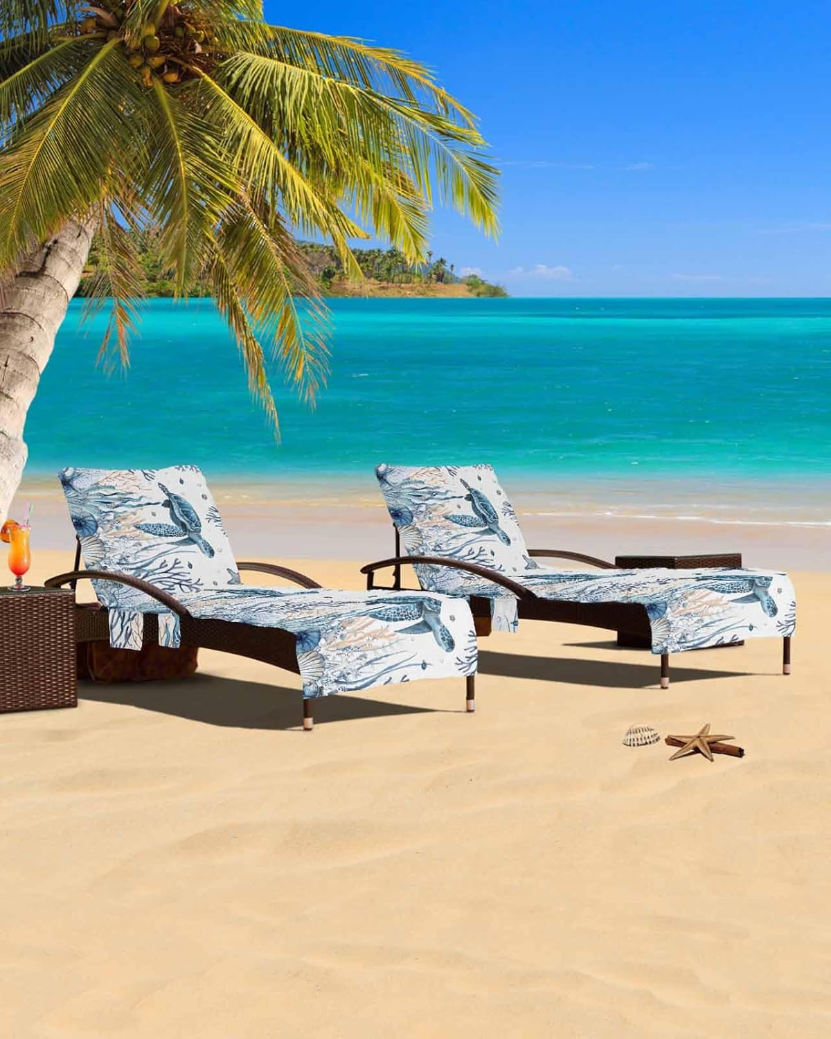 Blue Sea Turtle Beach Chair Cover, Outdoor Chaise Lounge Cover for Patio Pool, Coastal Ocean Beach Coral Nautical Shell Beach Chair Towel Microfiber Lounge Chair Towel Covers with Side Pockets