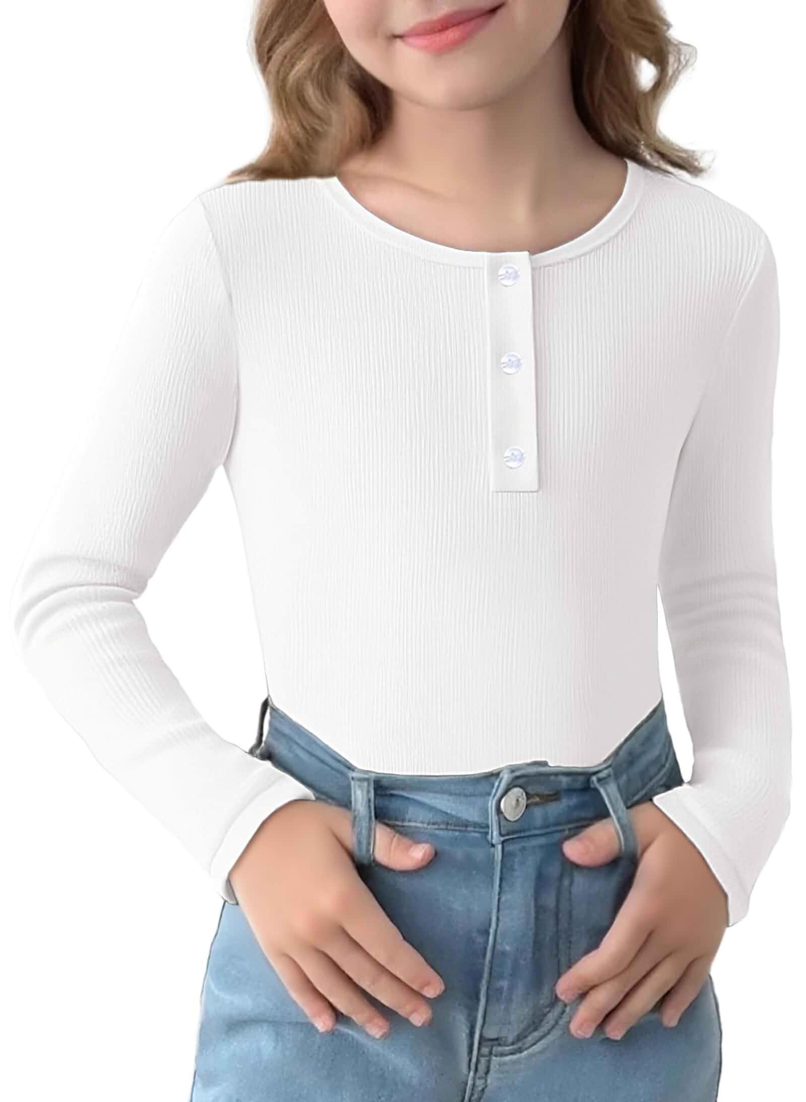 Arshiner Long Sleeve Shirts for Girls Henley Ribbed Button Down Kids Tops Casual Clothes Basic Layering Soft Versatile Stretchy and Durable Shirts For Girls 5-12 Years For School Outdoor Holiday etc