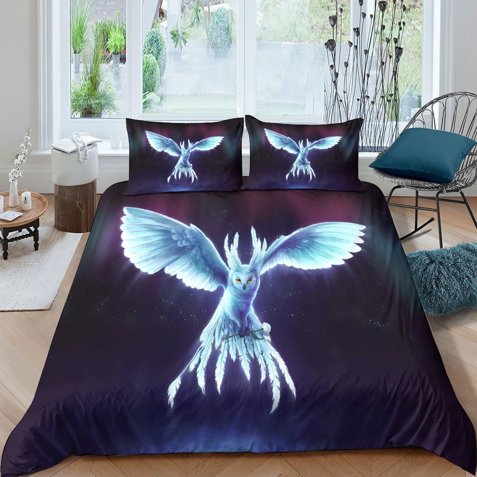 Ctjqhvkz Style-4 3D Printed Fantasy Owl Fitted Sheet Microfiber Soft Dark Blue Magic Creature Bed Cover For Bedroom Decor Single（135X200cm）