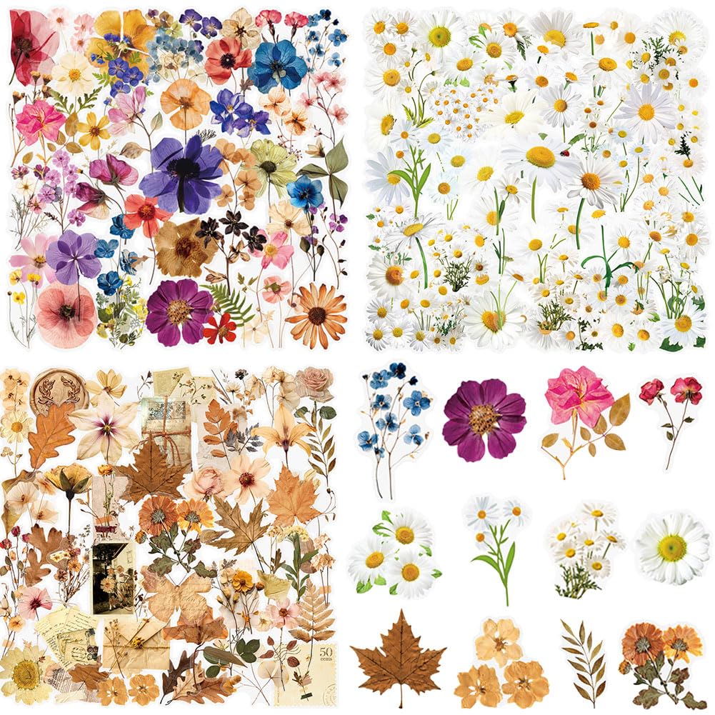 150 Stück Scrapbook Stickers, PET Blumen Aufkleber Pflanzen Sticker, Transparente Scrapbooking Aufkleber, Flower Stickers für DlY Scrapbook Laptops Notizbuch Fotobuch