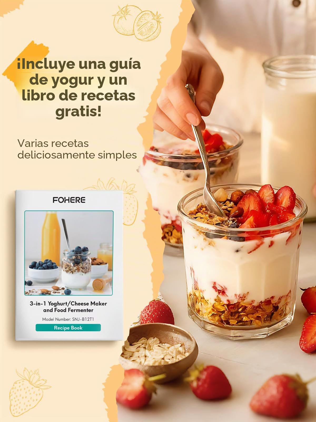 FOHERE Yogurtera con 2 XXL Tarros Capacidad de 2000 ml y 1400 ml, 4 * 125 ml Vasos y Tapa, 8 Programas Preestablecidos, Pantalla LCD, Temporizador, Potencia 20 W, Sin BPA