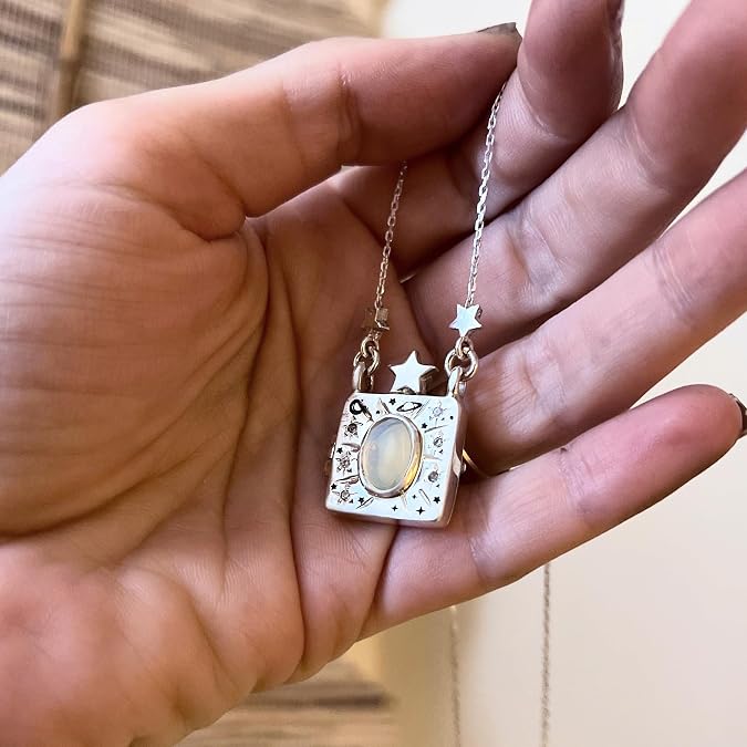 Personalized Color Print Photo Locket Custom Text Engraved Pendant Gold Tone Opal Star Moon Charm Necklace Gift