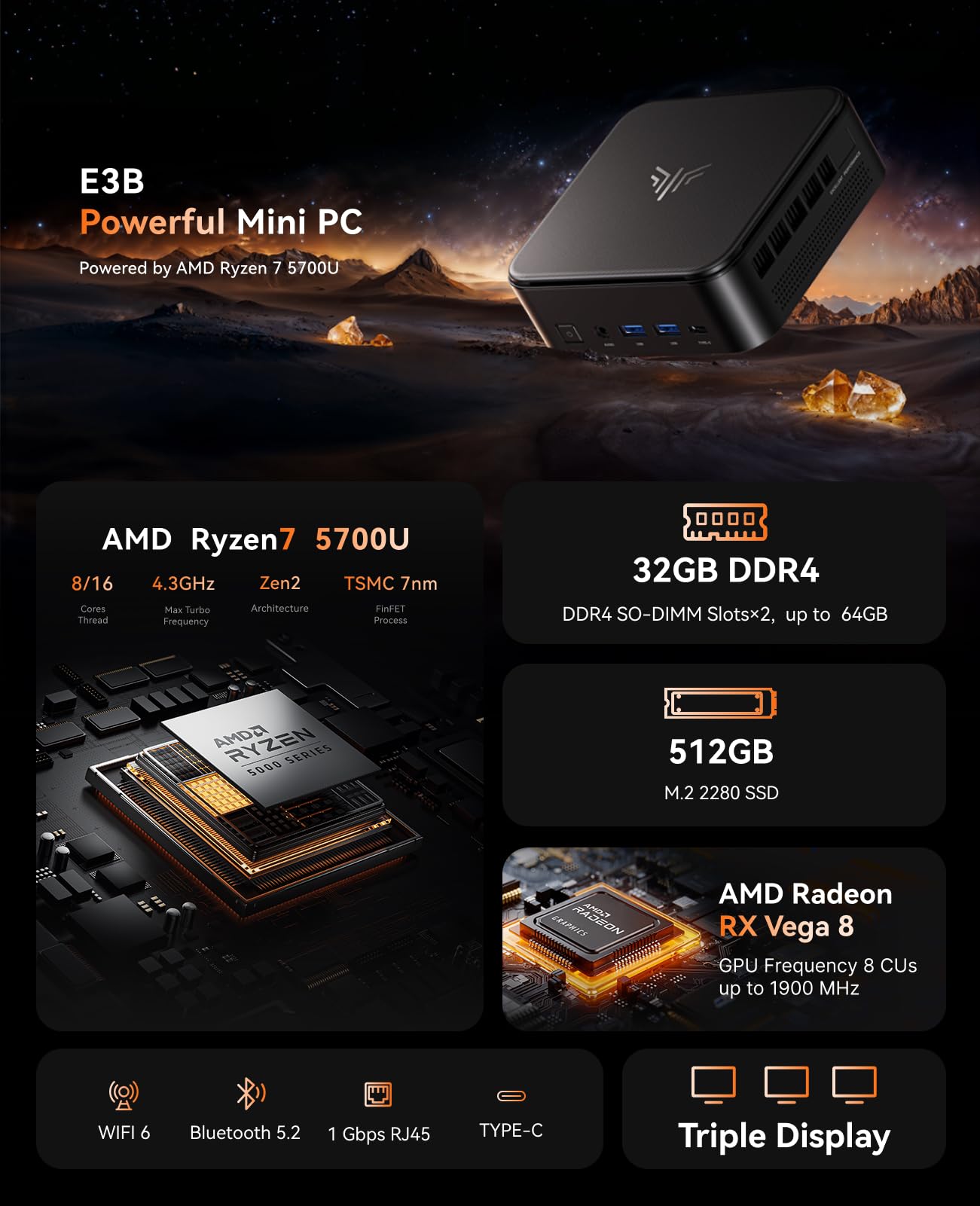 NiPoGi E3B Mini PC AMD Ryzen 7 5700U 32GB Dual DDR4 512G SSD Micro Desktop Computer mit Radeon RX Vega 8 Support DP+HDMI-Type-C 4K,WiFi 6,BT5.2 Für Business/Home/Office