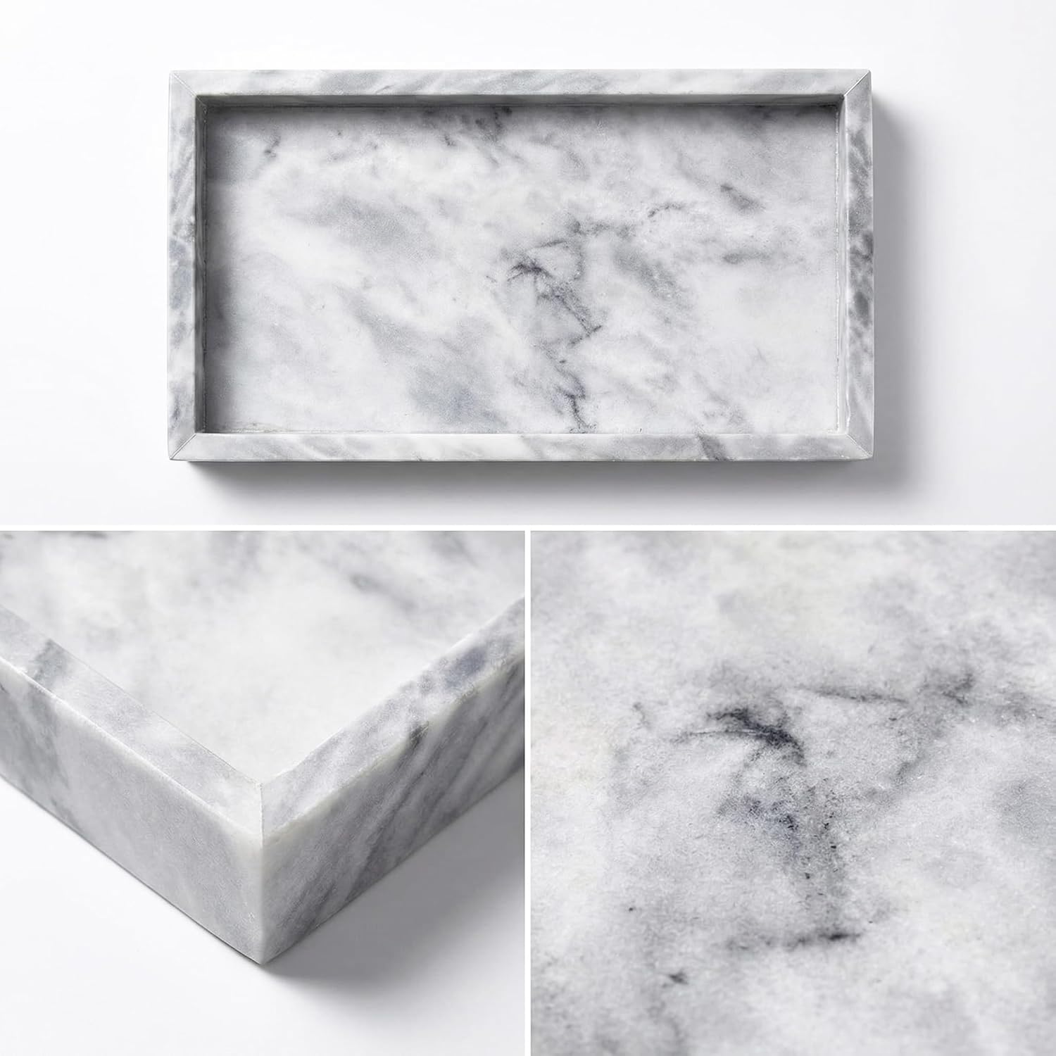 Natural Marble Rectangular Tray for Bathroom Countertop, Decorative Vanity Organizer for Jewelry, Perfume & Cosmetics, Home Decor Gift (25 * 15 * 3cm) (White)