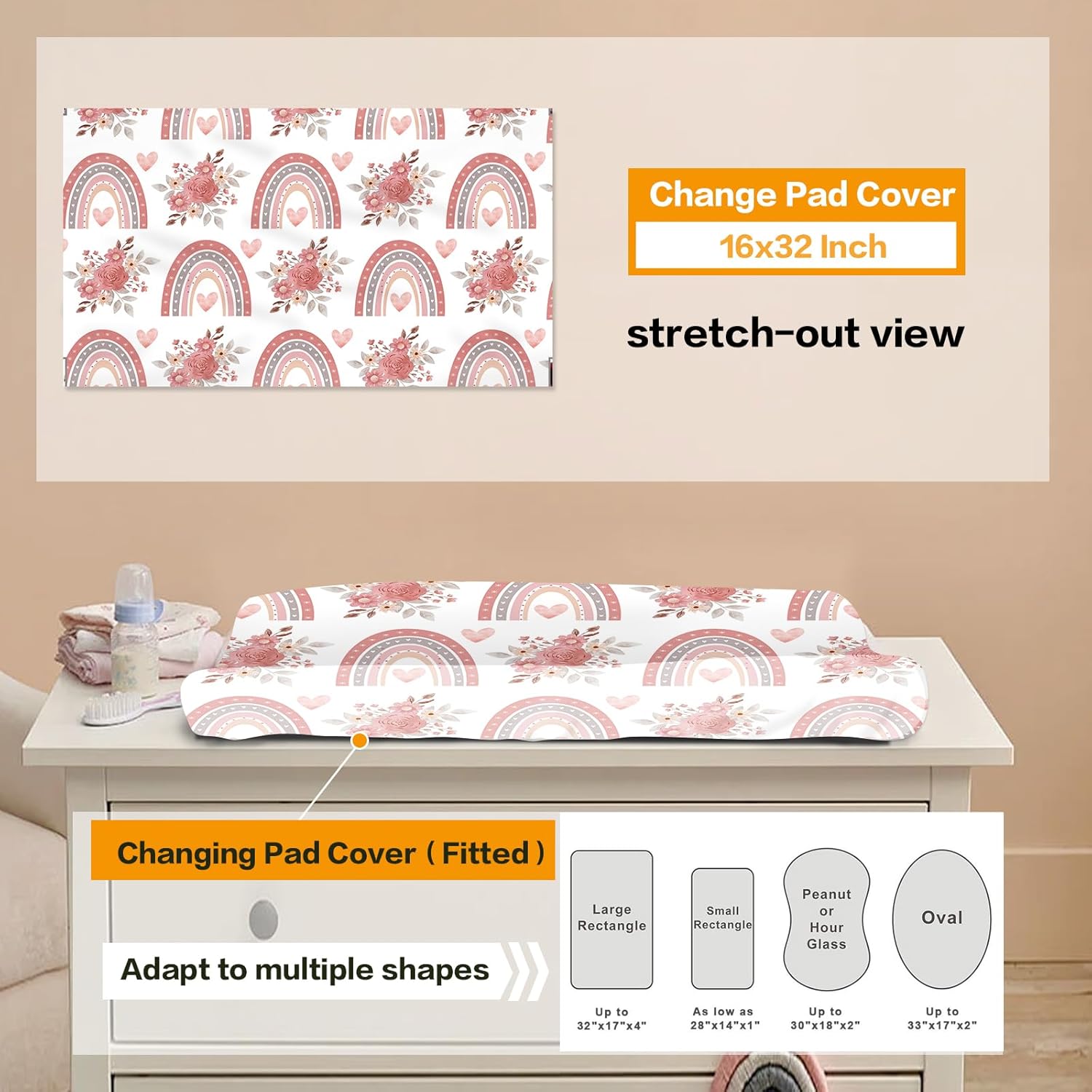 Custom Nursery Crib Bedding Set: Personalized Nursery Decor Baby Blanket Fitted Crib Sheet Changing Pad Cover Baby Room Rug Love Pink Rainbow Pattern Pink Bedding Gift Idea(Fixed Size)