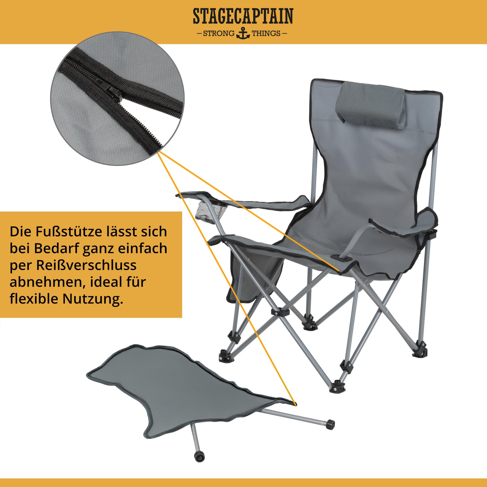 Stagecaptain CSF-600 MKII Nick Campingsessel mit Fußstütze – Faltbarer Campingstuhl mit Verstellbarer Rückenlehne, Getränkehalter & Tragetasche - Klappstuhl für Camping, Angeln & Festival - Grau