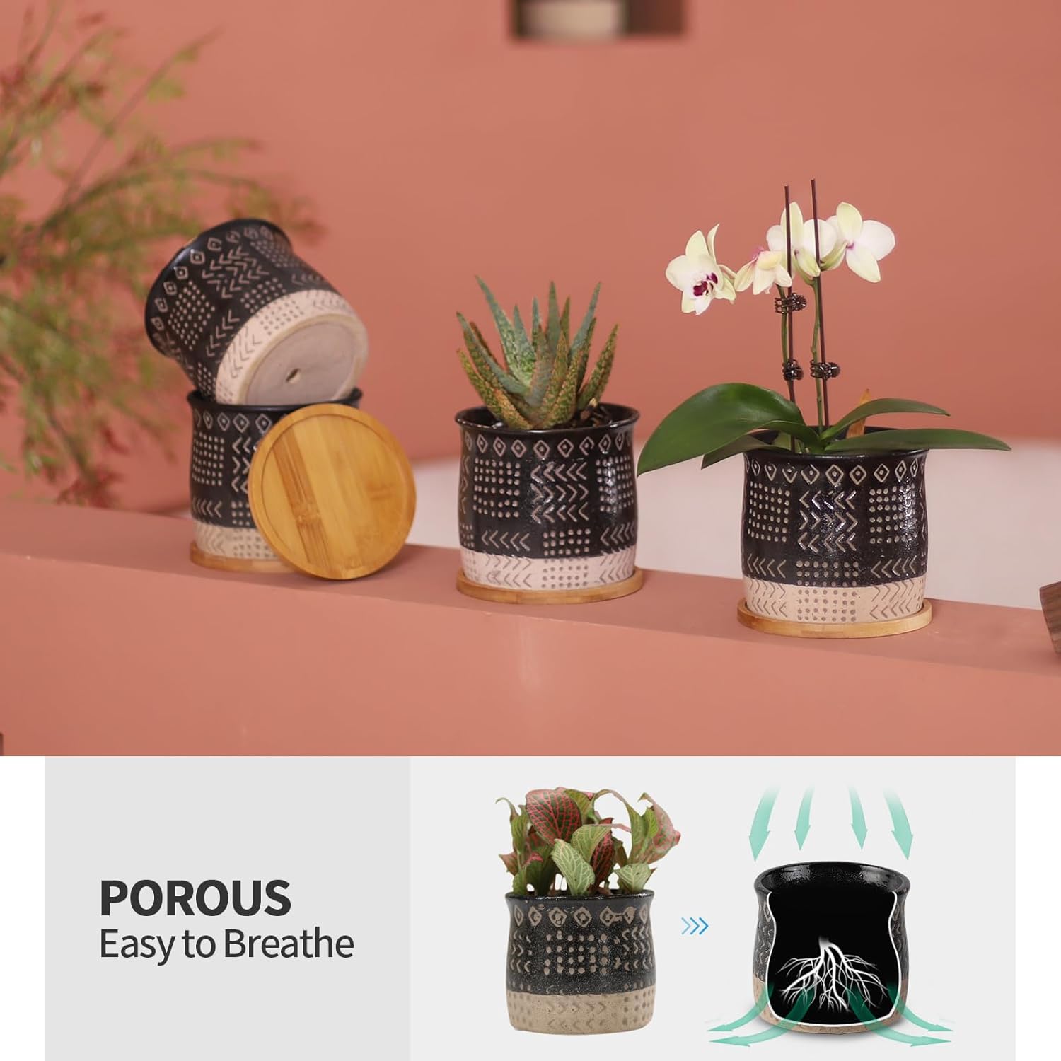 5.5 Inch Ceramic Plant Pots with Drainage Holes and Trays, Creative Retro Totem Planter Pot with Bamboo Saucers for Indoor Flowers, Succulent, Snake Plants, Cactus & Herbs, Black, Set of 4