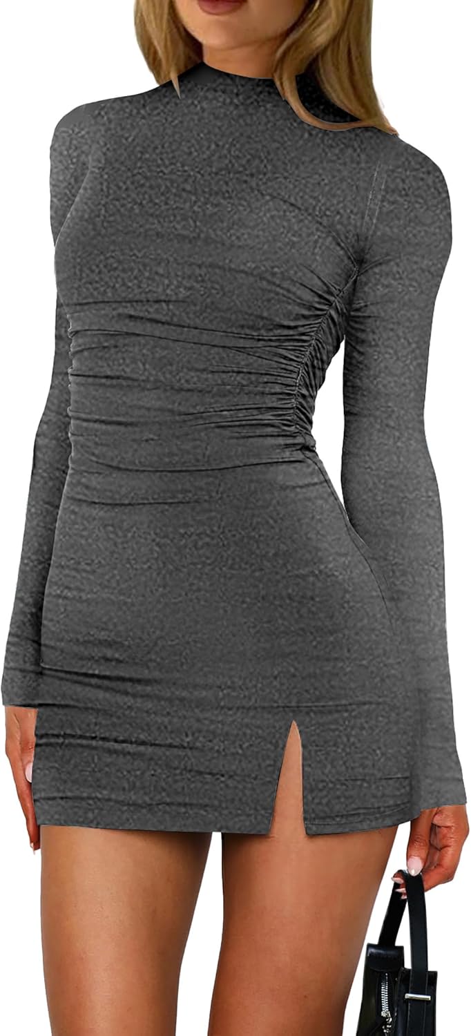 HYPERFIRE Women's Long Sleeve Mock Neck Ruched Bodycon Dress Cocktail Party Club Mini Dresses Going Out