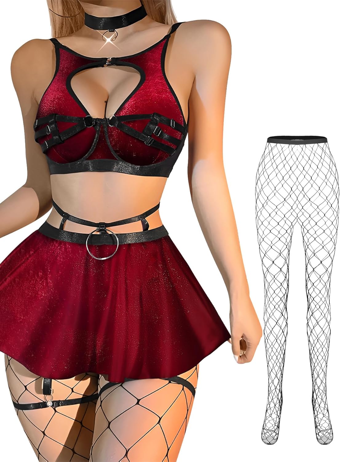 Lilosy Sexy Stocking Chocker Strappy Underwire O Ring Push Up Garter Belt Women Skirt 5 Piece - Image 3