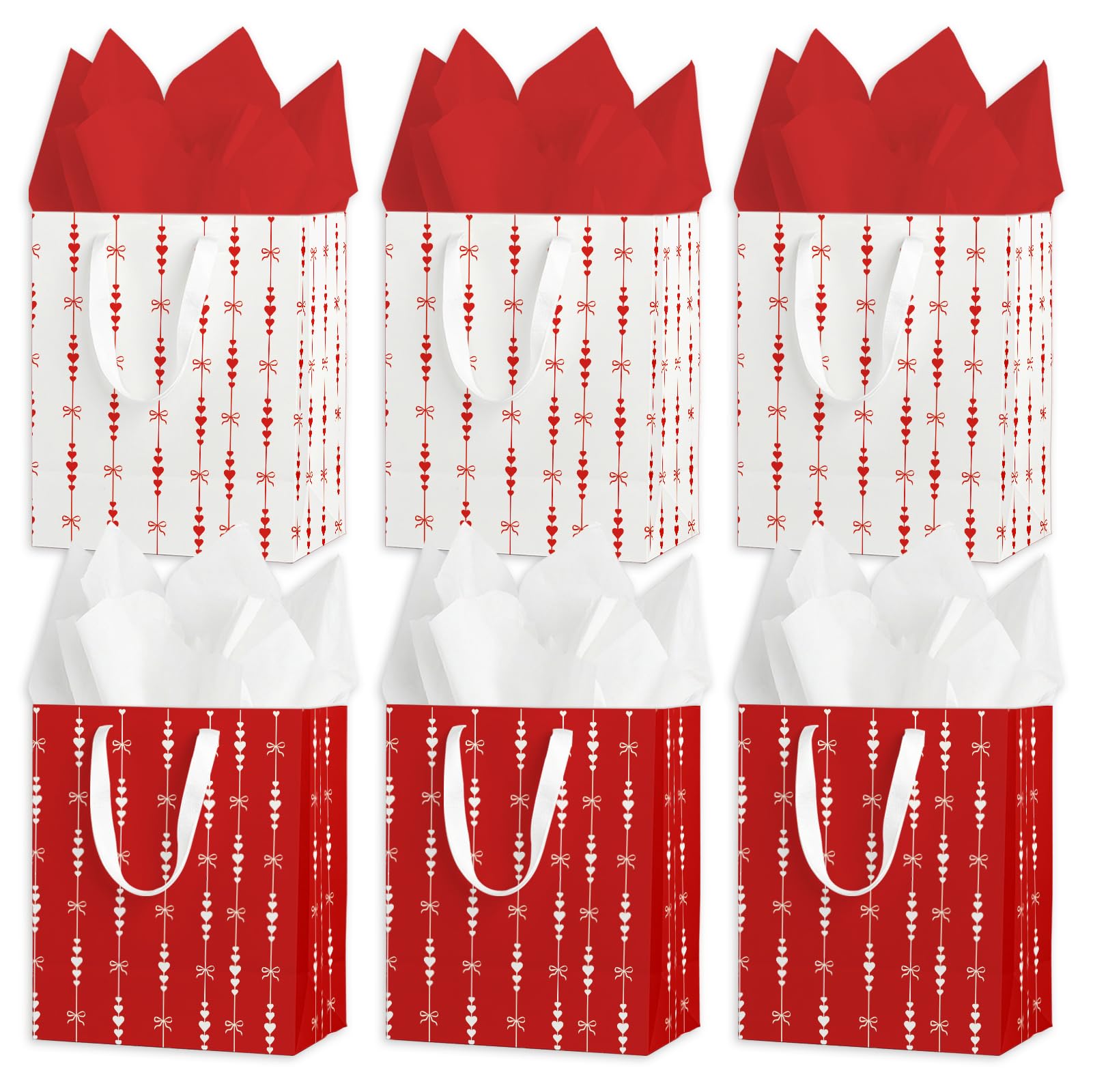 wjrsxilt Valentine's Day Gift Bags Set of 6 - Medium Sized 9" Red Hearts Bags with Handles incl. Matching Tissue Paper - Reusable & For Presents of Any Birthday, Weddings, Valentine's Day