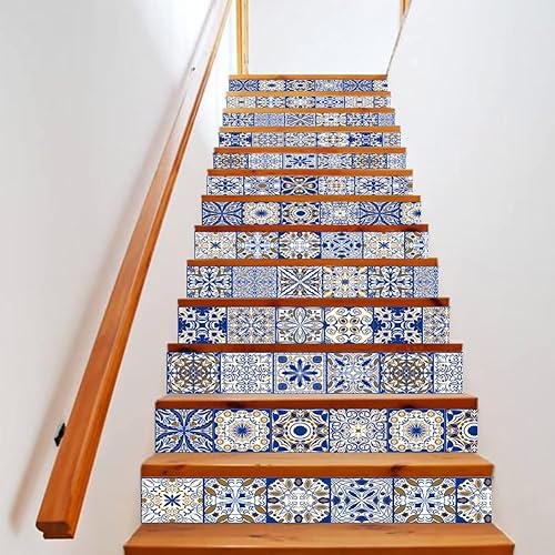 Papel tapiz de escalera 3D DIY para despegar y pegar, calcomanías de escalera con patrón clásico azul, azulejos de cerámica, mural de pared,