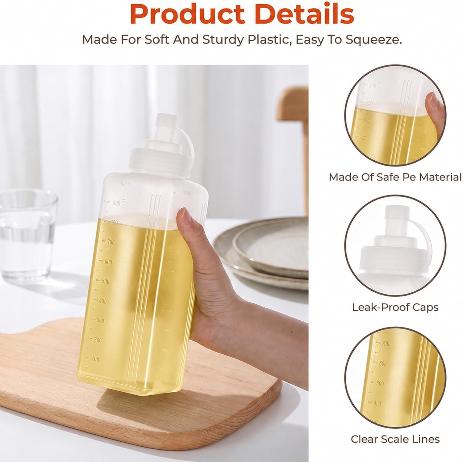 1qt Large Squeeze Bottle,34oz Wide Mouth Plastic Squeeze Bottle