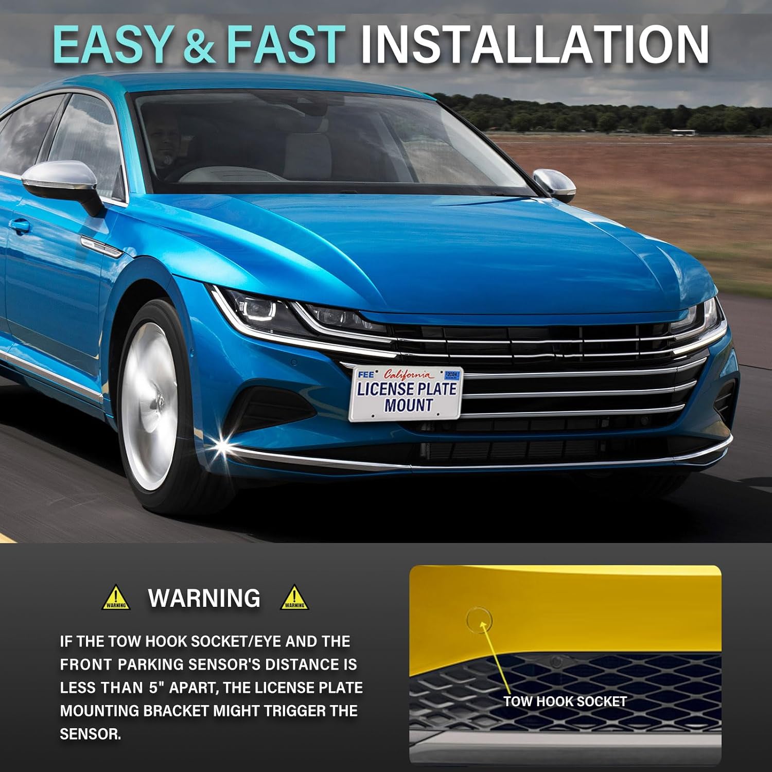 No Drill Front Bumper Tow Hook License Plate Mount Bracket Holder Compatible with Volkswagen Tiguan 2018-2023 Volkswagen Tiguan R 2020-2023 Front License Plate Frames Mounting Kit Car Accessories