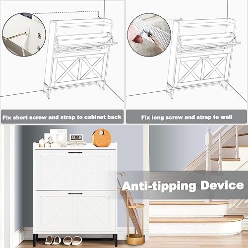 Miniatura 6 de Zapatero con 2 cajones abatibles, armario independiente de almacenamiento de zapatos para entrada, armarios ocultos para entrada con patas de metal,