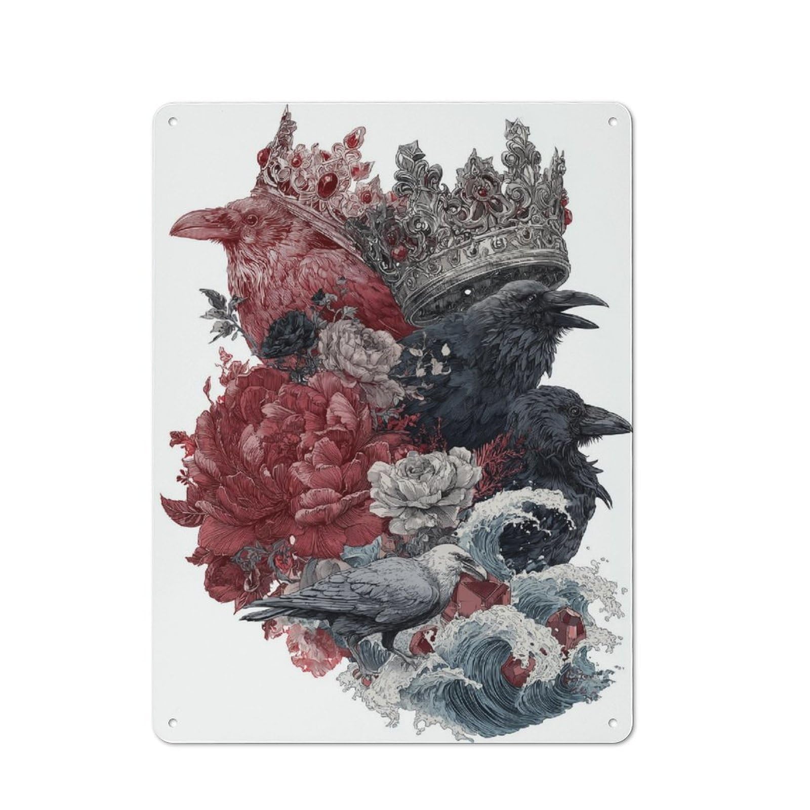 Junmoney Crow Majesty Amidst Floral Chaos Industrial Decorative Metal Plaque 40X30cm Featuring Urban Room Decor For Flat, Bar, Studio Or Gallery Wall