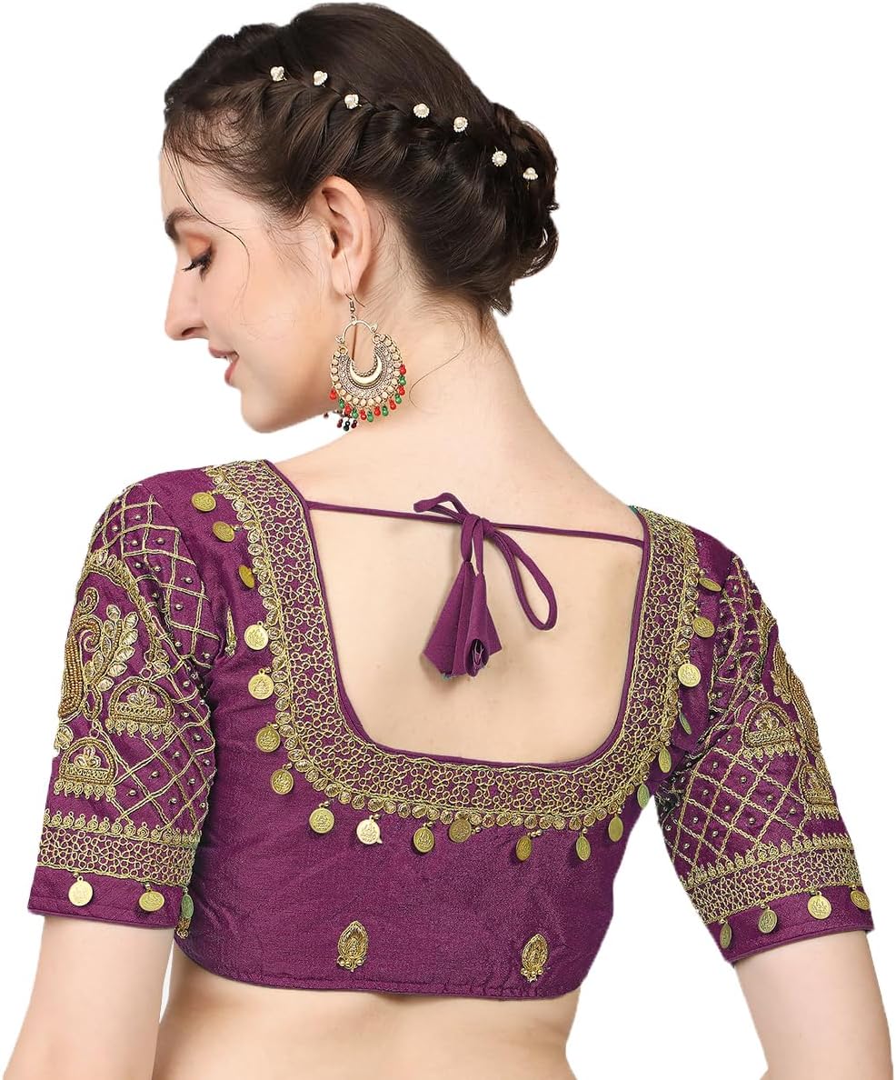 Pujia Mills Stylish Half Sleeve Blouse - Readymade Maggam Work Saree Blouse in Wine and Purple - Pattu Aari Work Design for Wedding