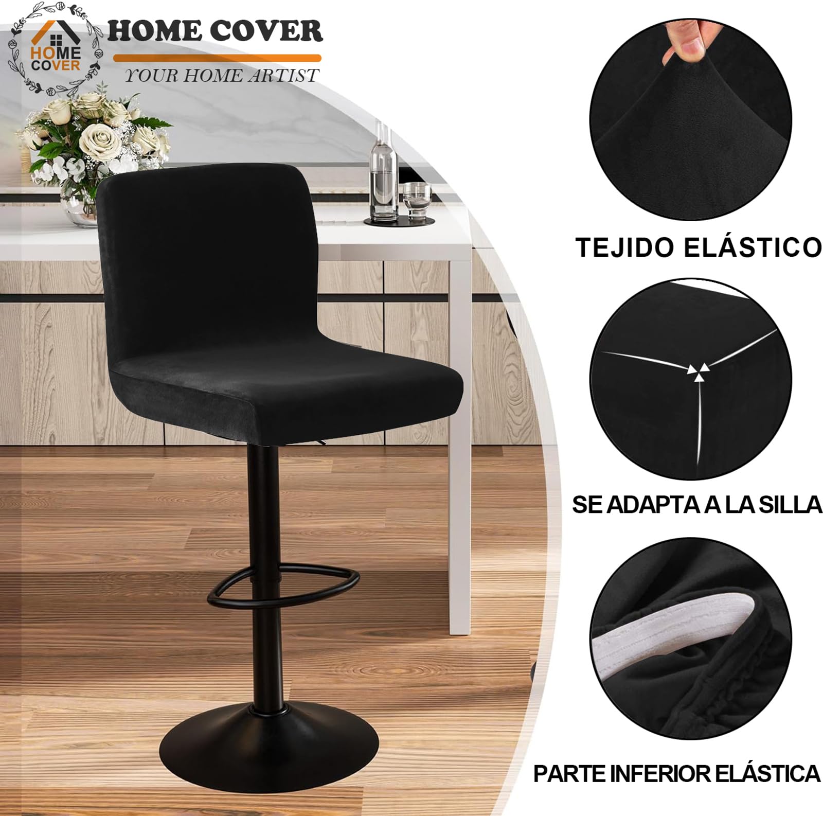 Fundas para Taburetes De Bar con Respaldo, Elástica Terciopelo Fabric Fundas para Taburetes Altos De Cocina Extraíble Respaldo Bajo Giratorio Fundas para Sillas-Negro-4 Piezas