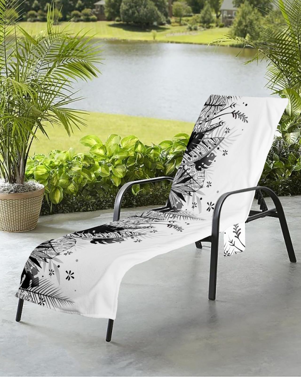 Beach Pool Patio Lounge Chaise Chair Cover Towel with Pockets,Boho Floral Botanical Absorbent & Quick Dry Microfiber Towel Cover Bag Summer Travel Accessories Modern Abstract Bohemian Flowers Leaves