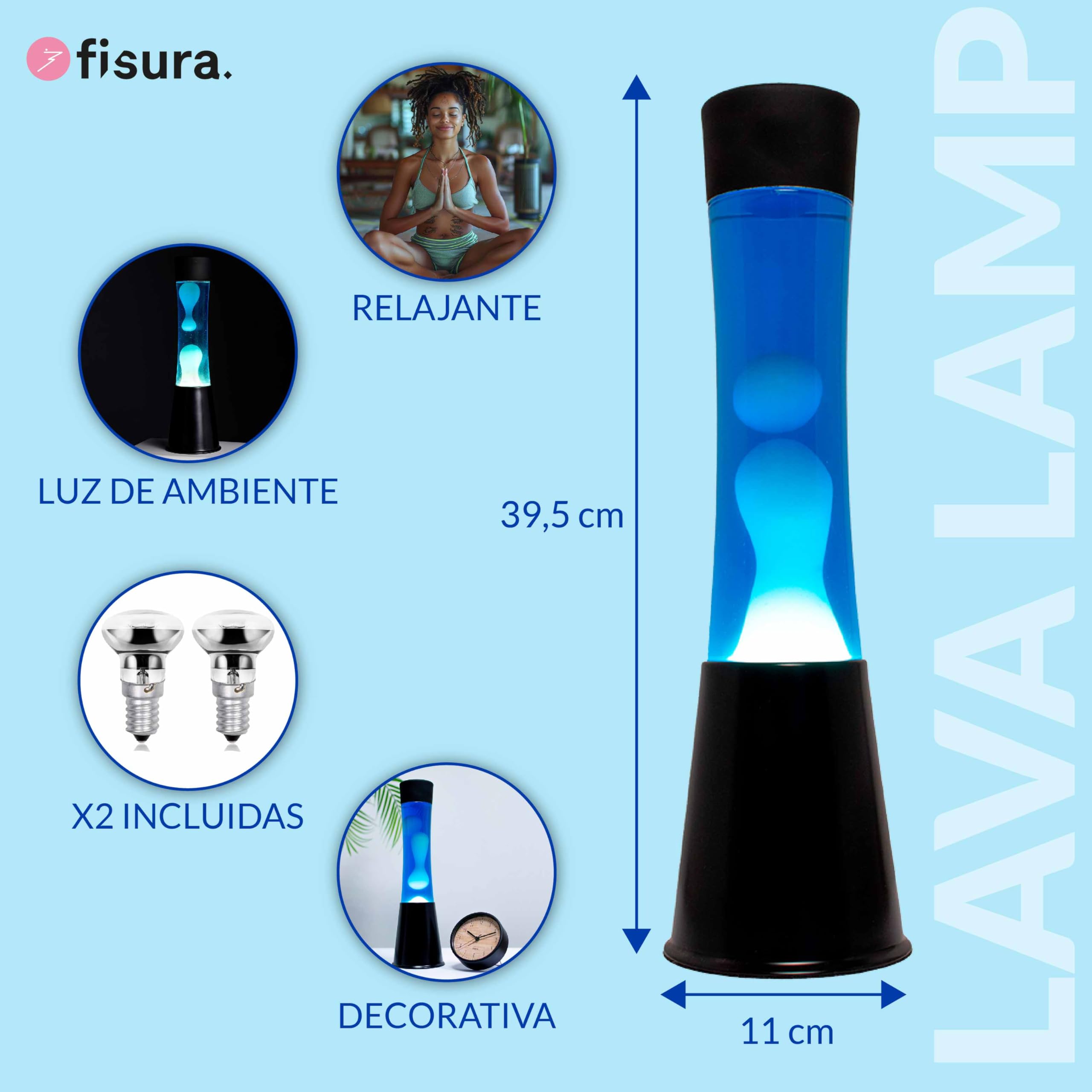 Fisura - Lámpara de lava blanca y azul años 70. Base color negro, líquido azul y lava blanca. Lámpara efecto relajante. Medidas: 11 cm x 11cm x 39,5 cm.