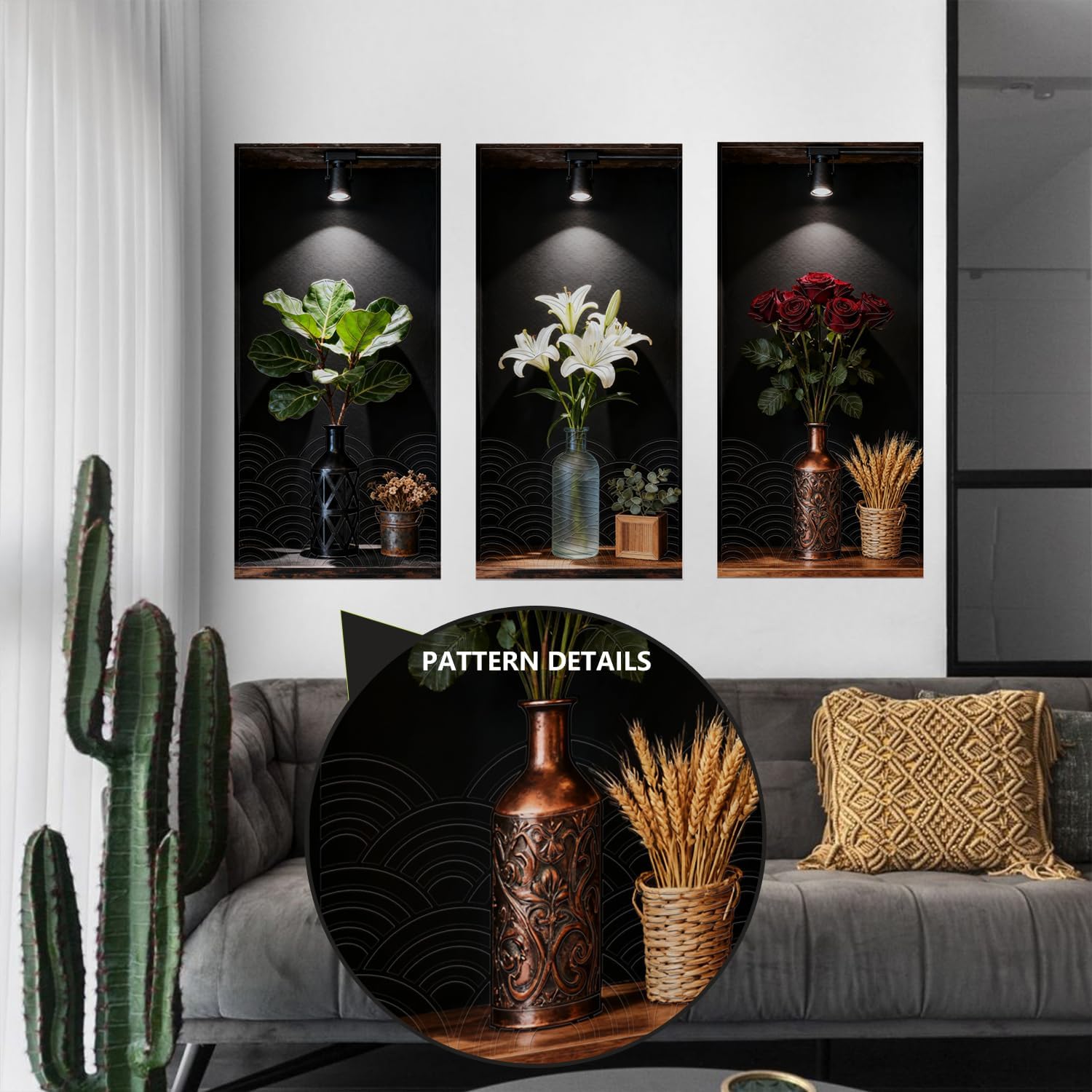 Dark Botanical Style Triptych Wall Stickers, 3 Sheets Floral Wall Decals with Lily Rose and Fiddle Leaf Fig on Shadowed Background, Peel and Stick Wall Murals Decor for Bedroom Living Room