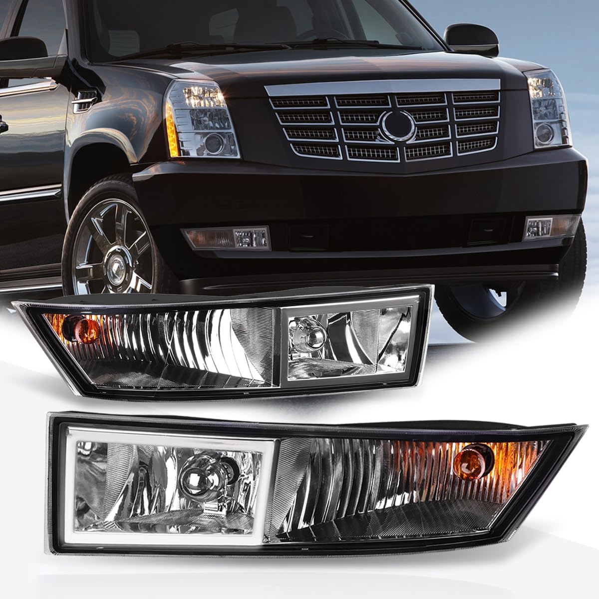 Front Bumper Fog Lights+Bezels+Bulbs Compatible with Cadillac Escalade ESV/EXT 07-14,Clear Lens