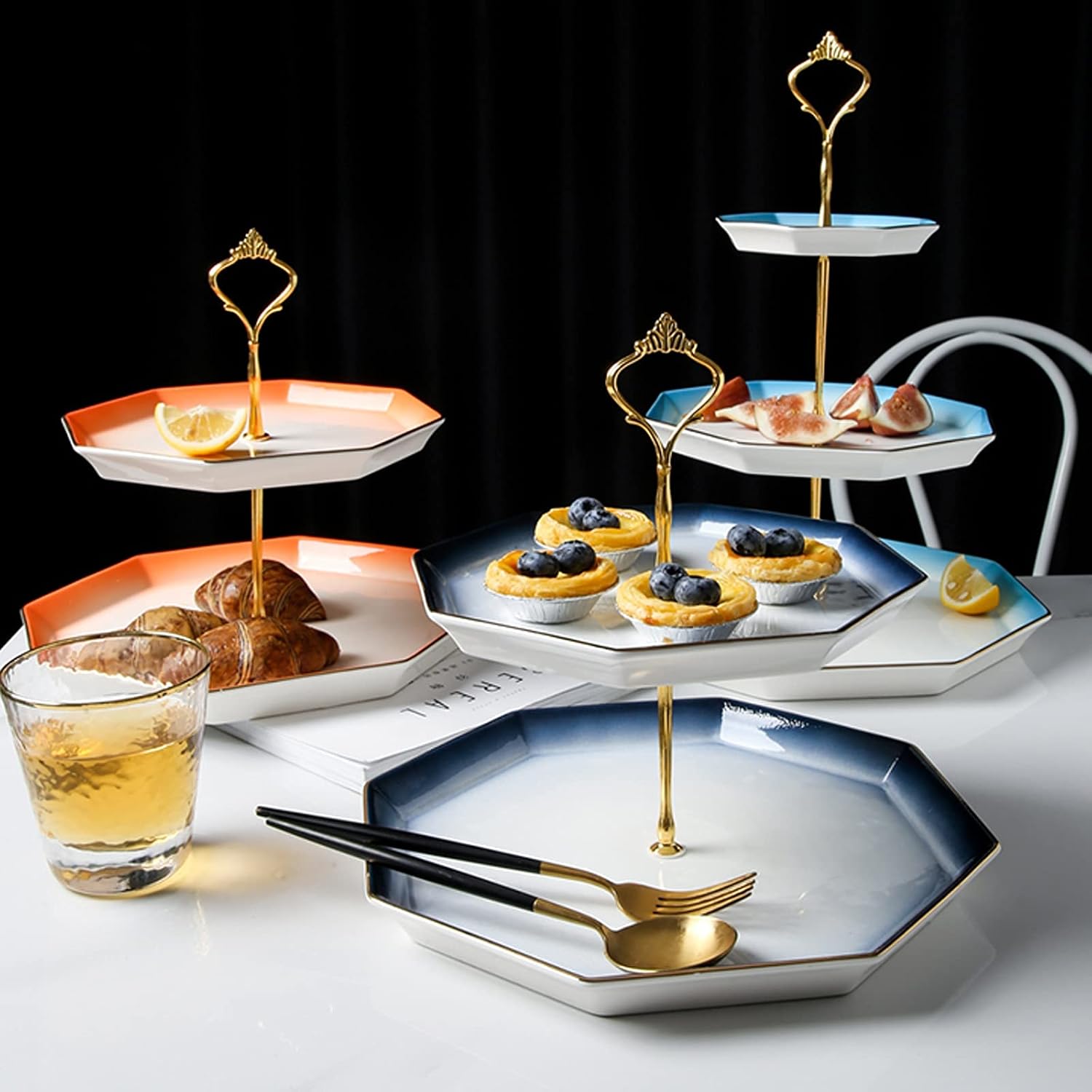 Two-Tier Ceramic Elegant Dessert Table Detachable CupMulti-Color Wedding Party Pastry Serving Tray Cake Holder(Large)