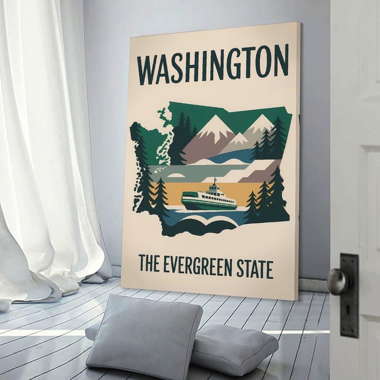 Junmoney Frame-Style-9 Washington State Travel Wall Decor Canvas Print, 20X30inch(50X75cm), For Living Room, Bedroom Or Home Office, Home Decor Gift With Stylish Appeal