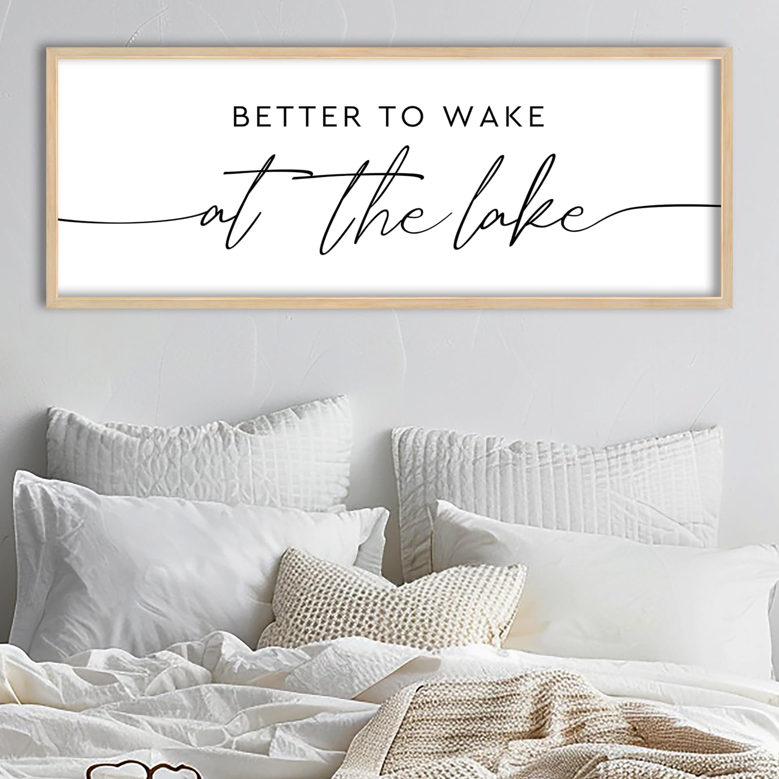 SRSZHIYUE Better To Wake At The Lake Wall Decor Above Bed Sign 40"×15" for Lake House Rustic Bedroom Over Bed Farmhouse Large Wood Framed Home Wall Hanging Art (Wood)