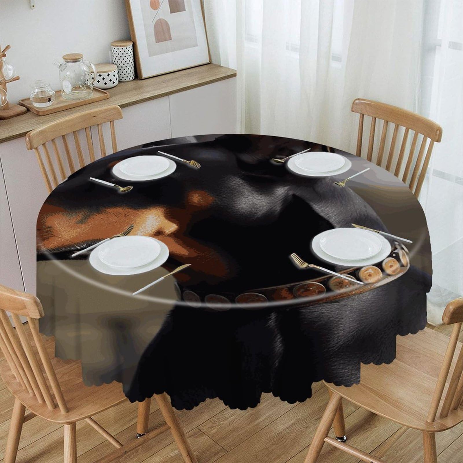FekiLoot 60 Inch Round Doberman Tablecloth Waterproof Heavy Duty Polyester Table Cloth Spill-Proof Wipeable Table Cover Decorative Circle Dining Tablecover for Party Outdoor